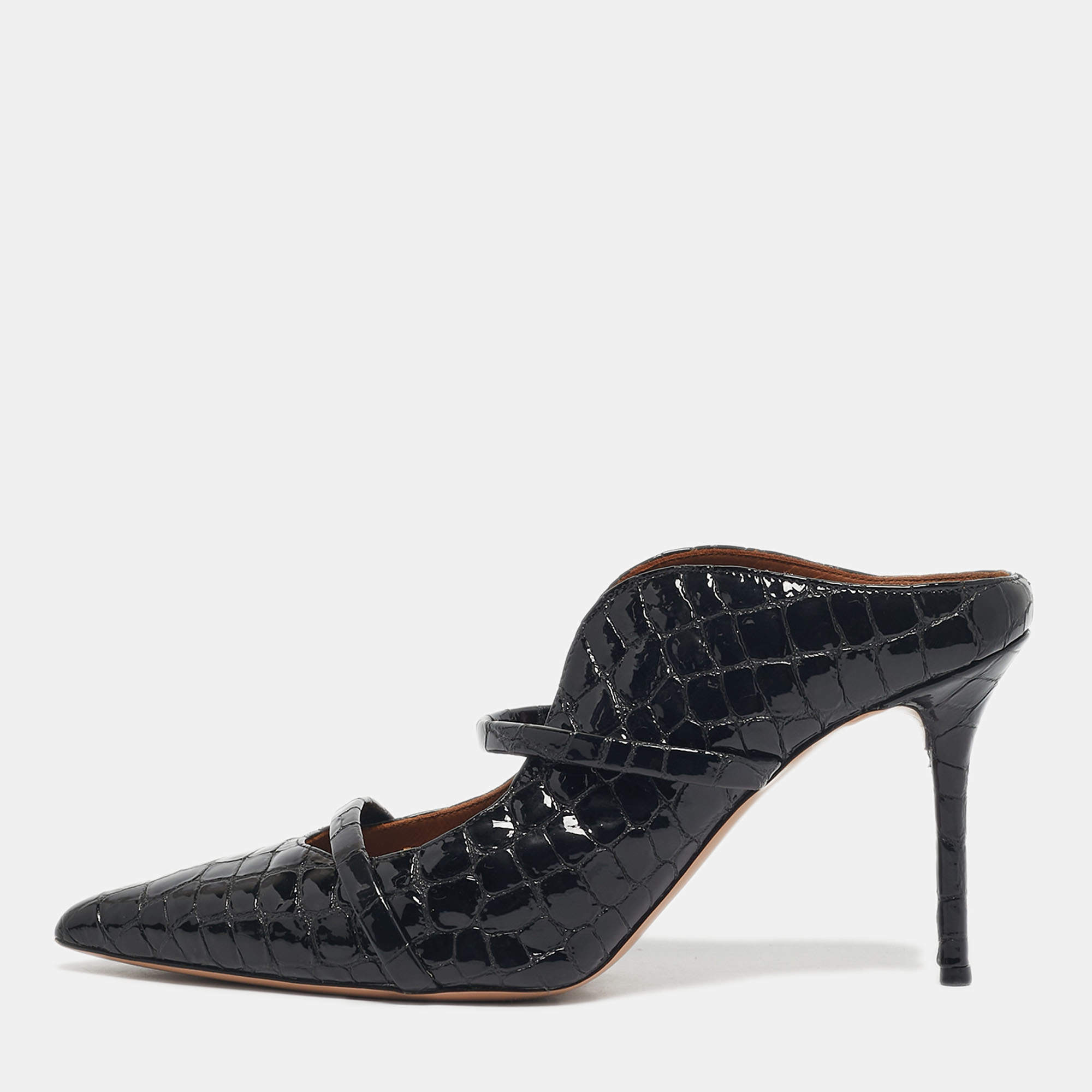 Pre Owned Malone Souliers Black Croc Embossed Patent Leather Maureen Mules Size 40