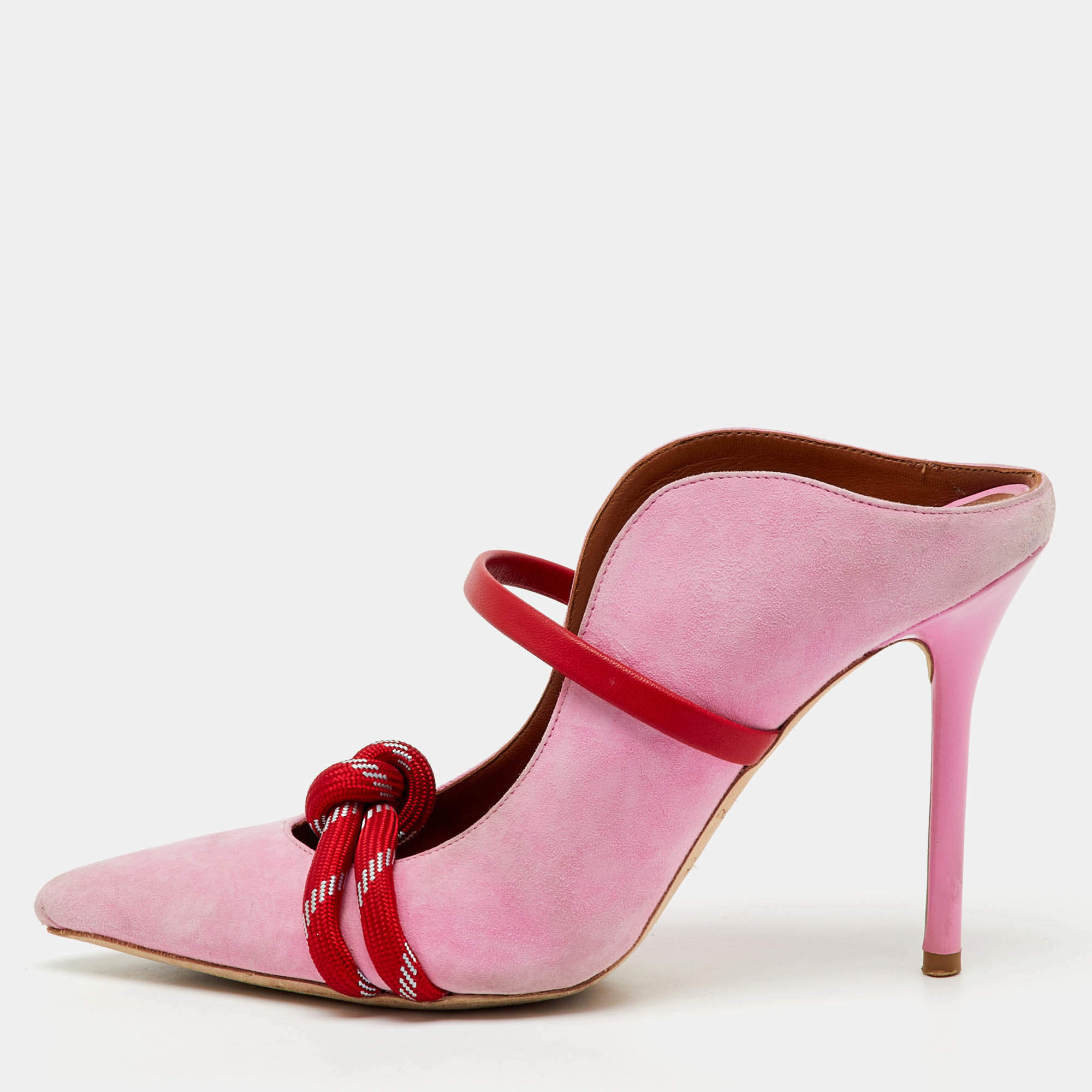 Pre Owned Malone Souliers by Roy Luwolt Pink/Red Suede and Leather Knotted Rope Mules Size 36