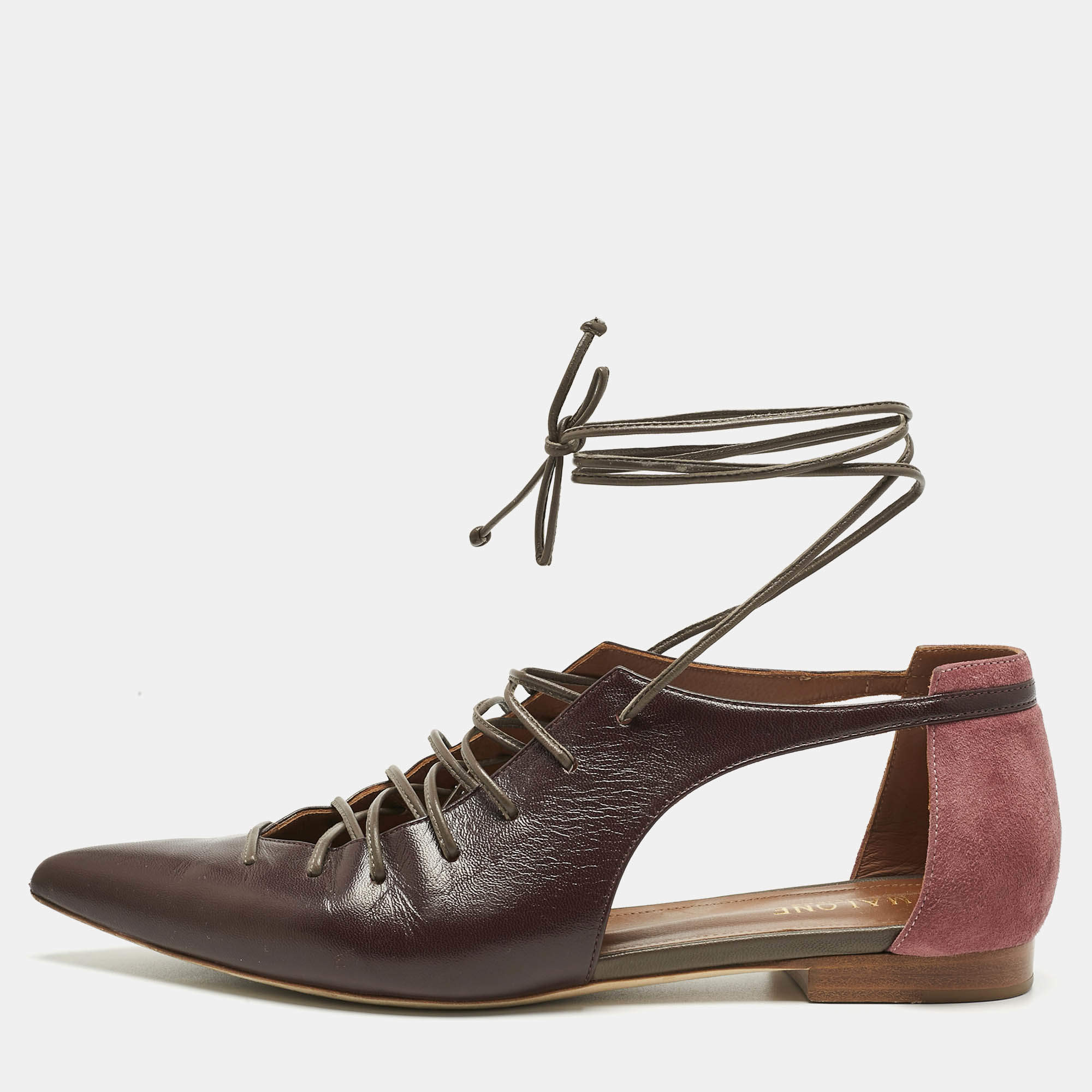 Pre Owned Malone Souliers Burgundy Leather and Suede Montana Lace Up Flat Size 37