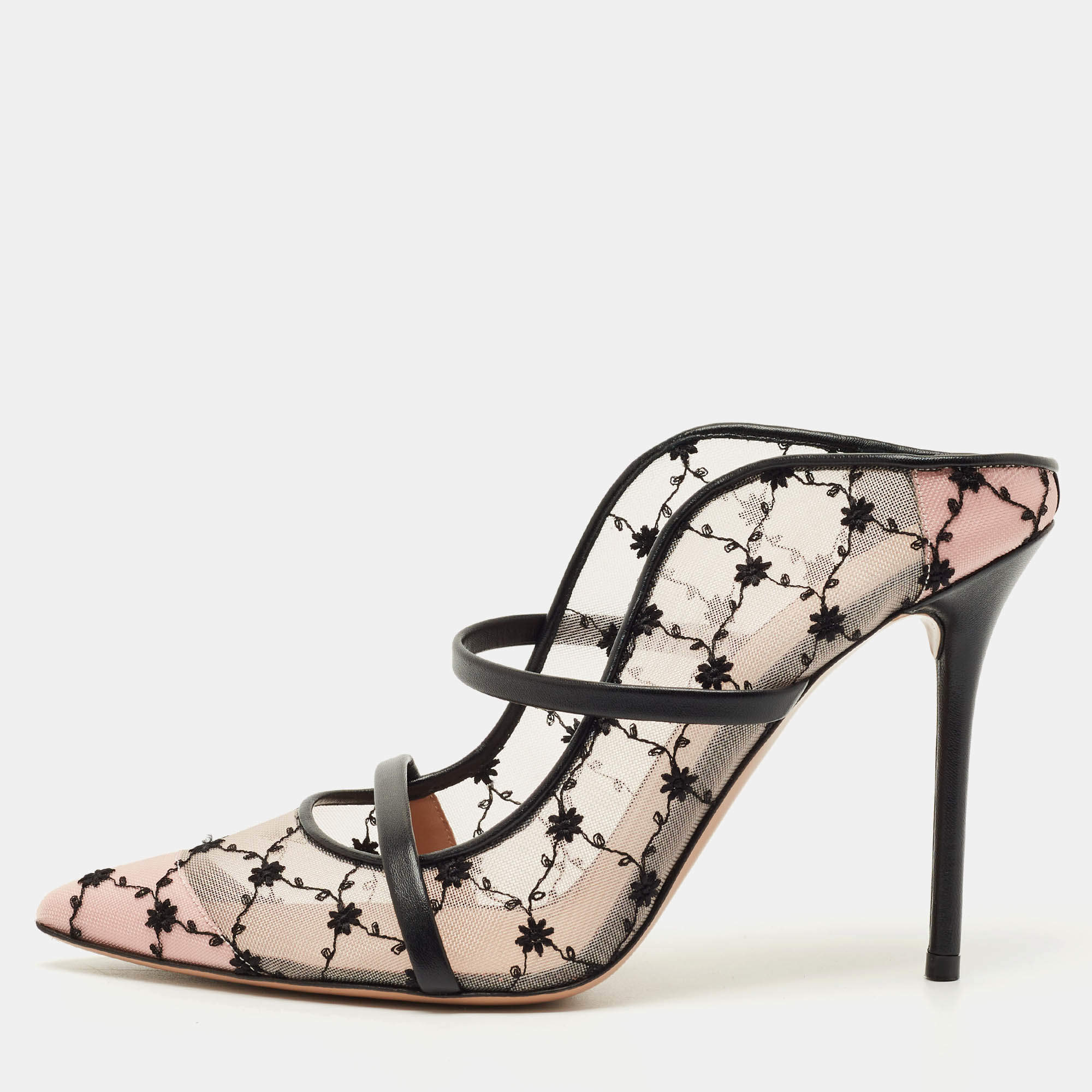 Pre Owned Malone Souliers Pink/Black Leather and Mesh Maureen Mules Size 40