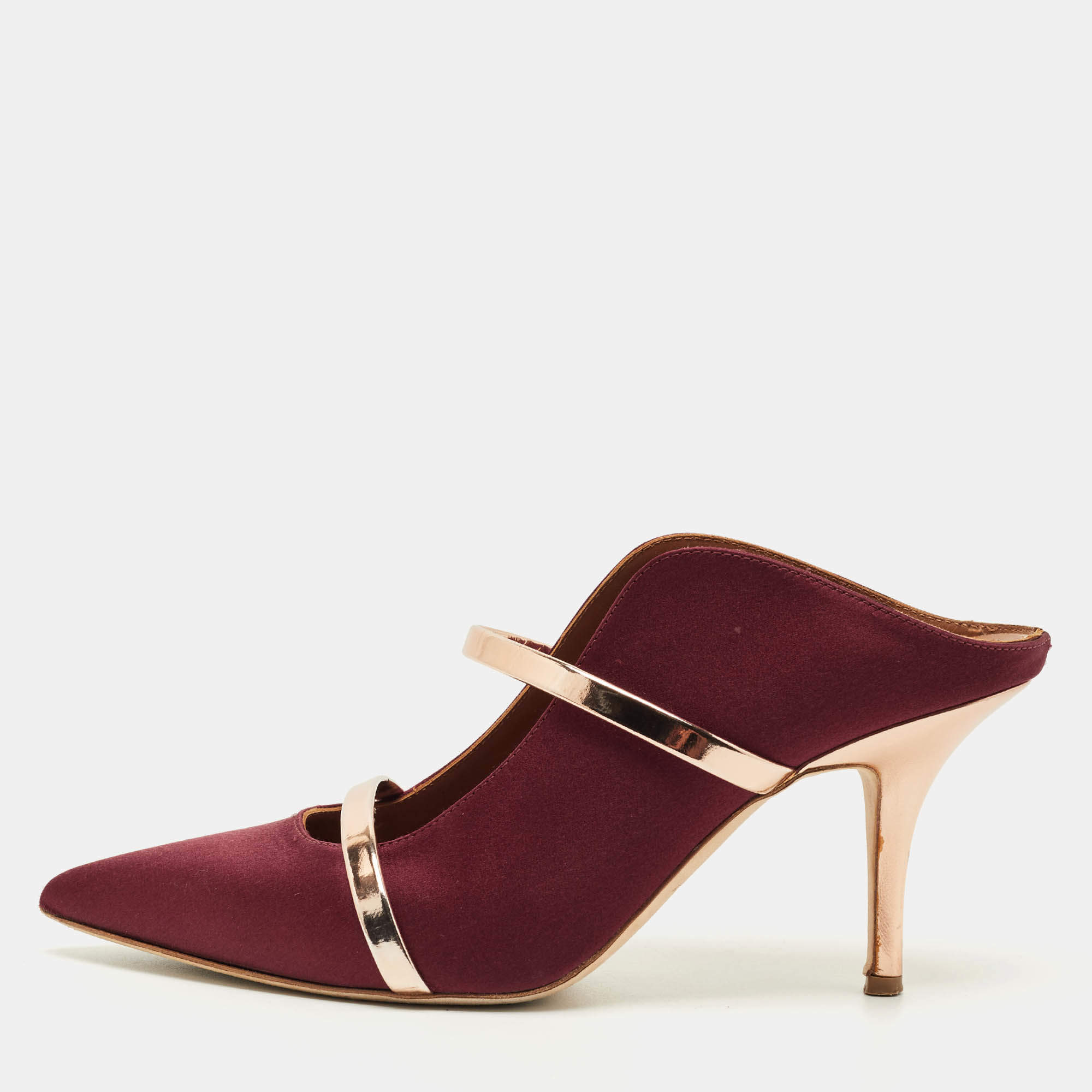 Pre Owned Malone Souliers Burgundy/Rose Gold Satin and Leather Maureen Pointed Toe Mules Size 38.5
