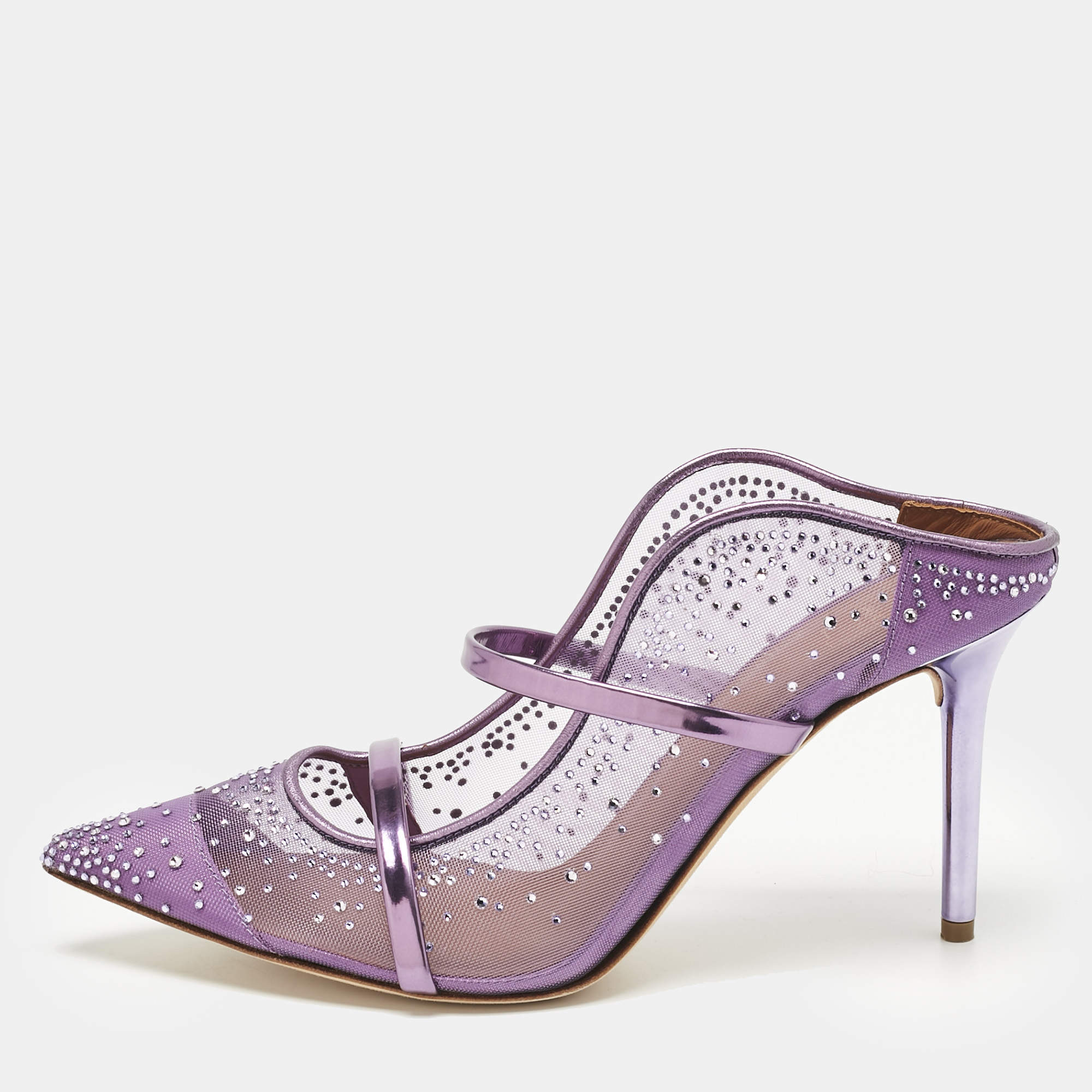 Pre Owned Malone Souliers Purple Leather and Mesh Crystals Embellished Maureen Mules Size 39