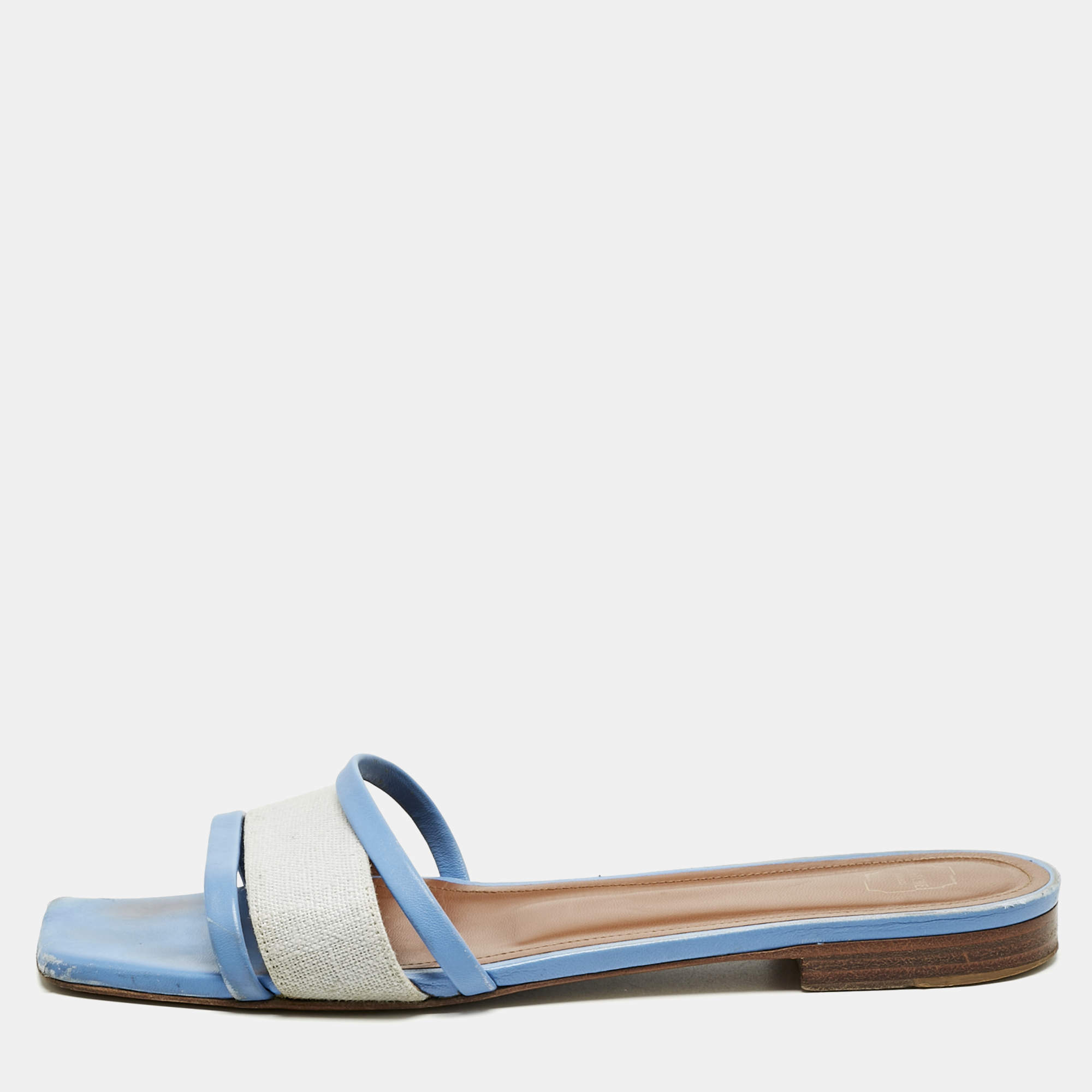 Pre Owned Malone Souliers Grey/Blue Leather And Fabric Flat Slides Size 38