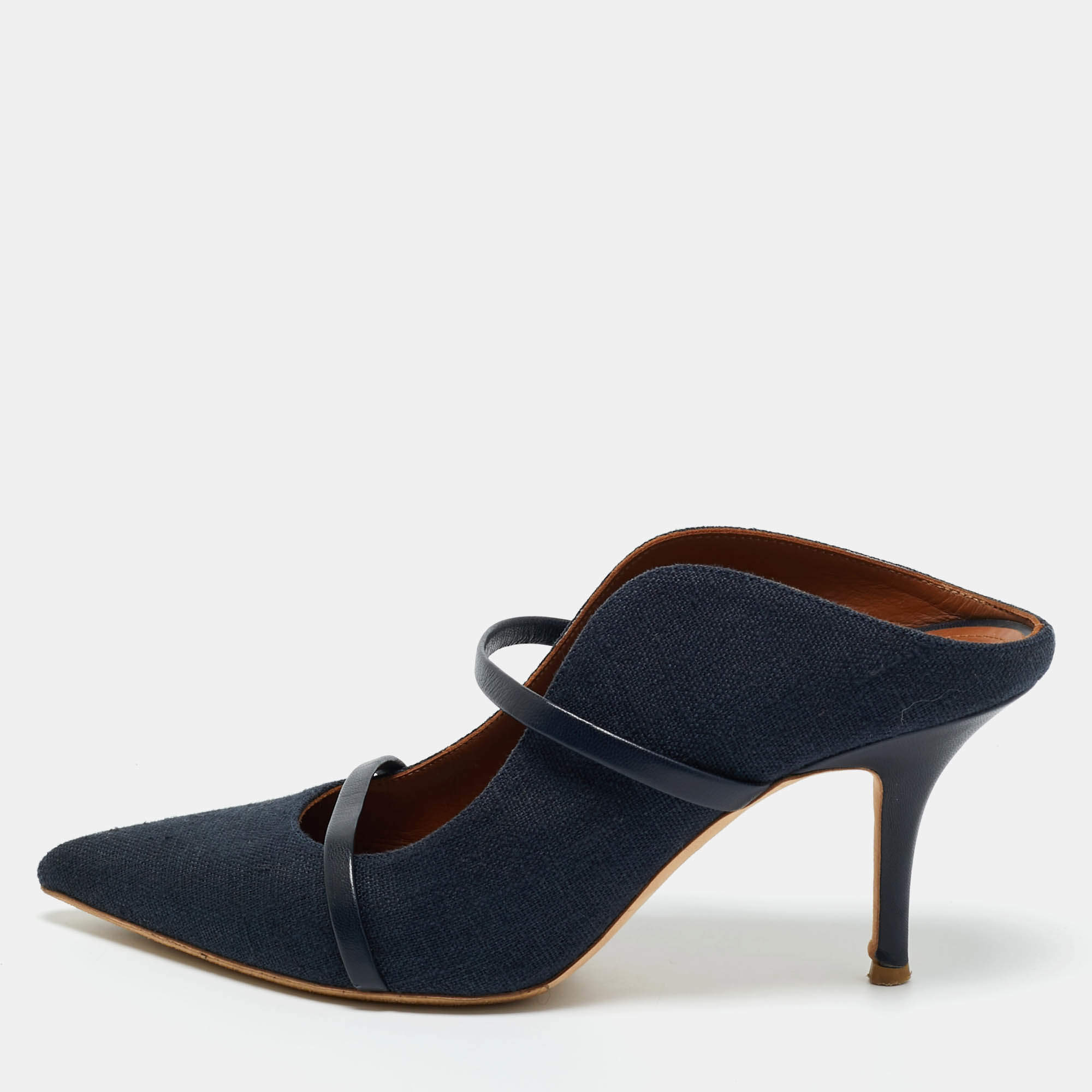 Pre Owned Malone Souliers Navy Blue Fabric and Leather Maureen Mules Size 40