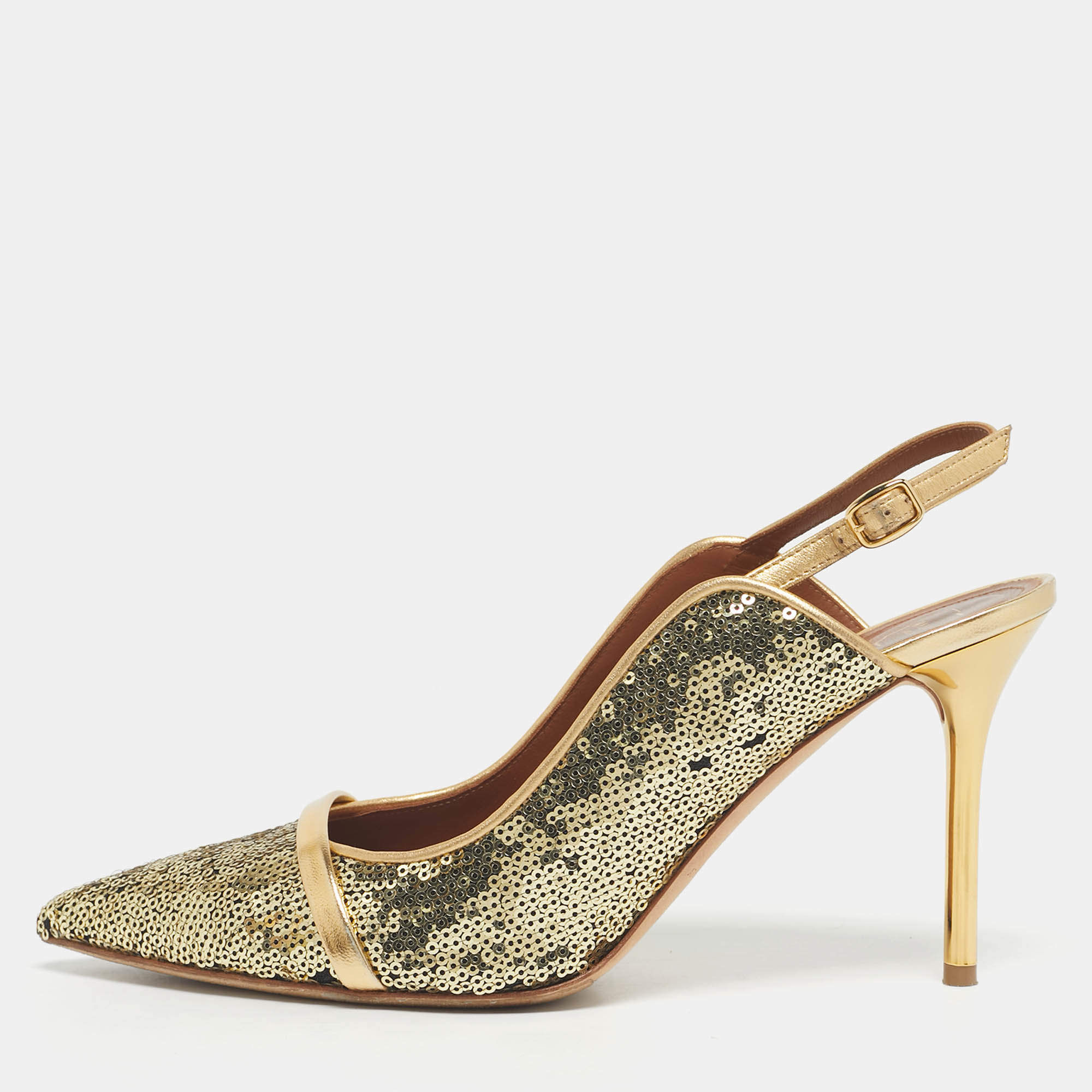 Pre Owned Malone Souliers Gold Leather and Sequins Marion Pumps Size 40