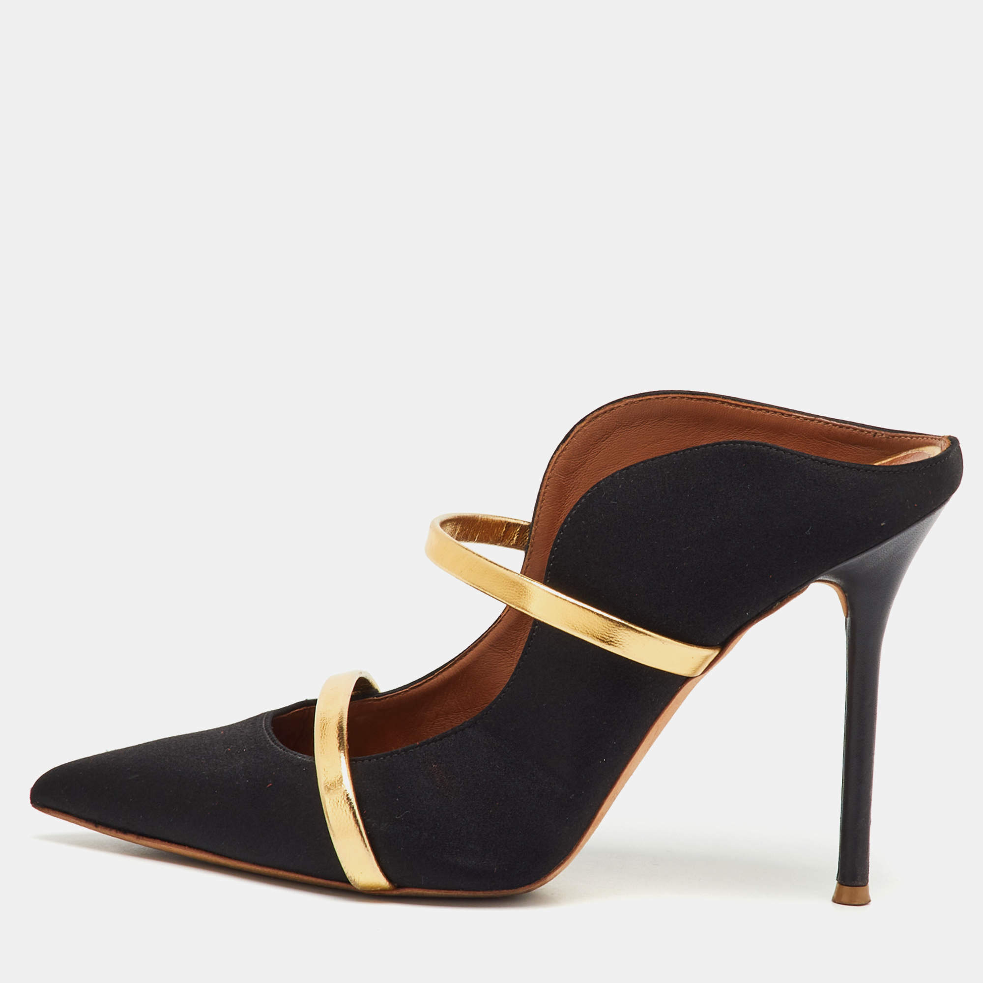 Pre Owned Malone Souliers Black/Gold Satin and Leather Maureen Mules Size 38