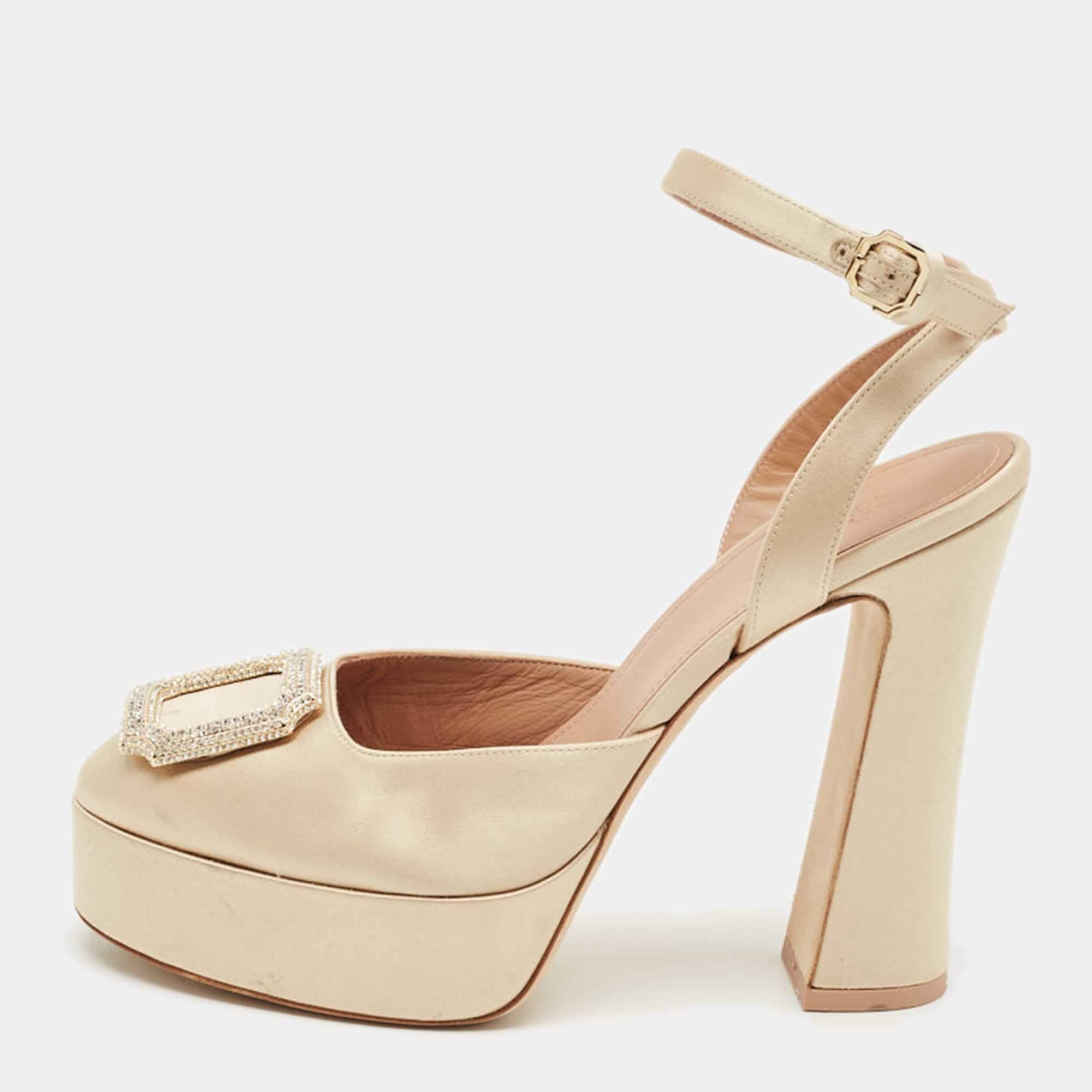Pre Owned Malone Souliers Beige Satin Teese Platform Ankle Wrap Pumps Size 39
