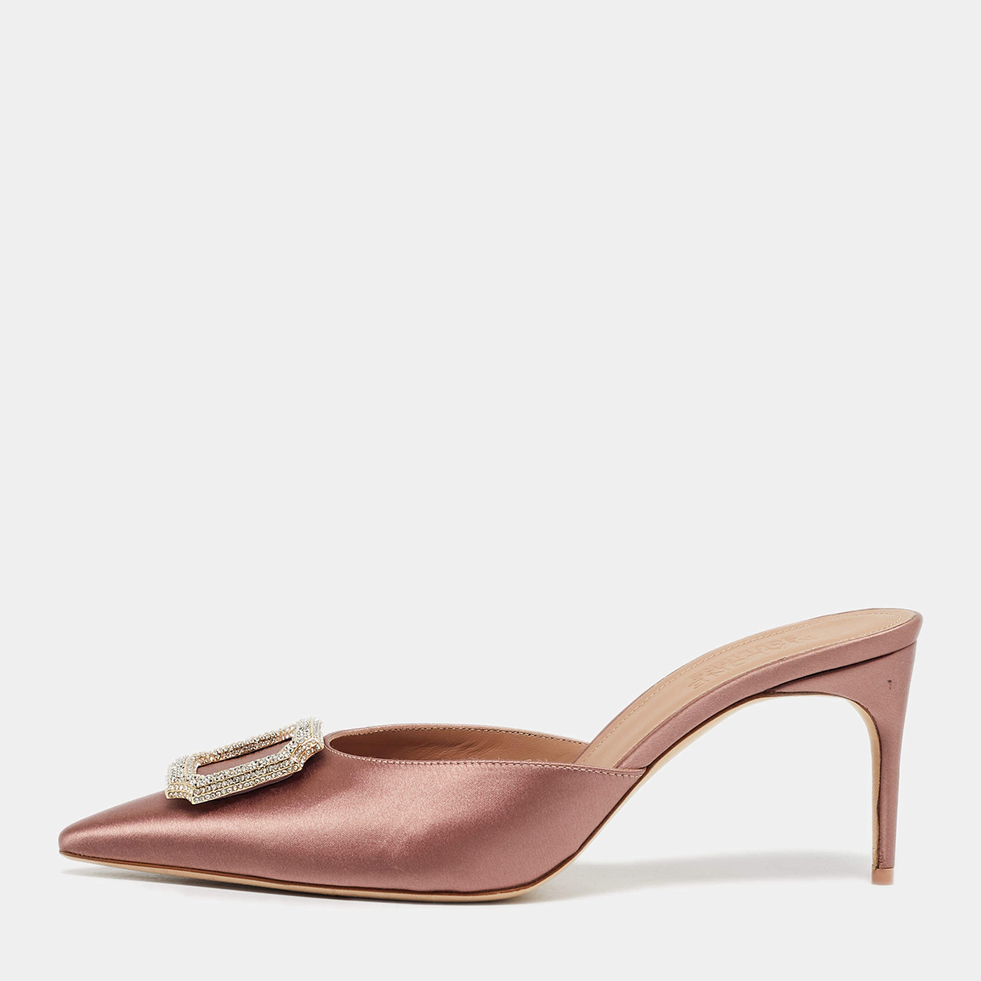 Pre Owned Malone Souliers Pink Satin Mona 70 Crystal Embellished Mules Size 41