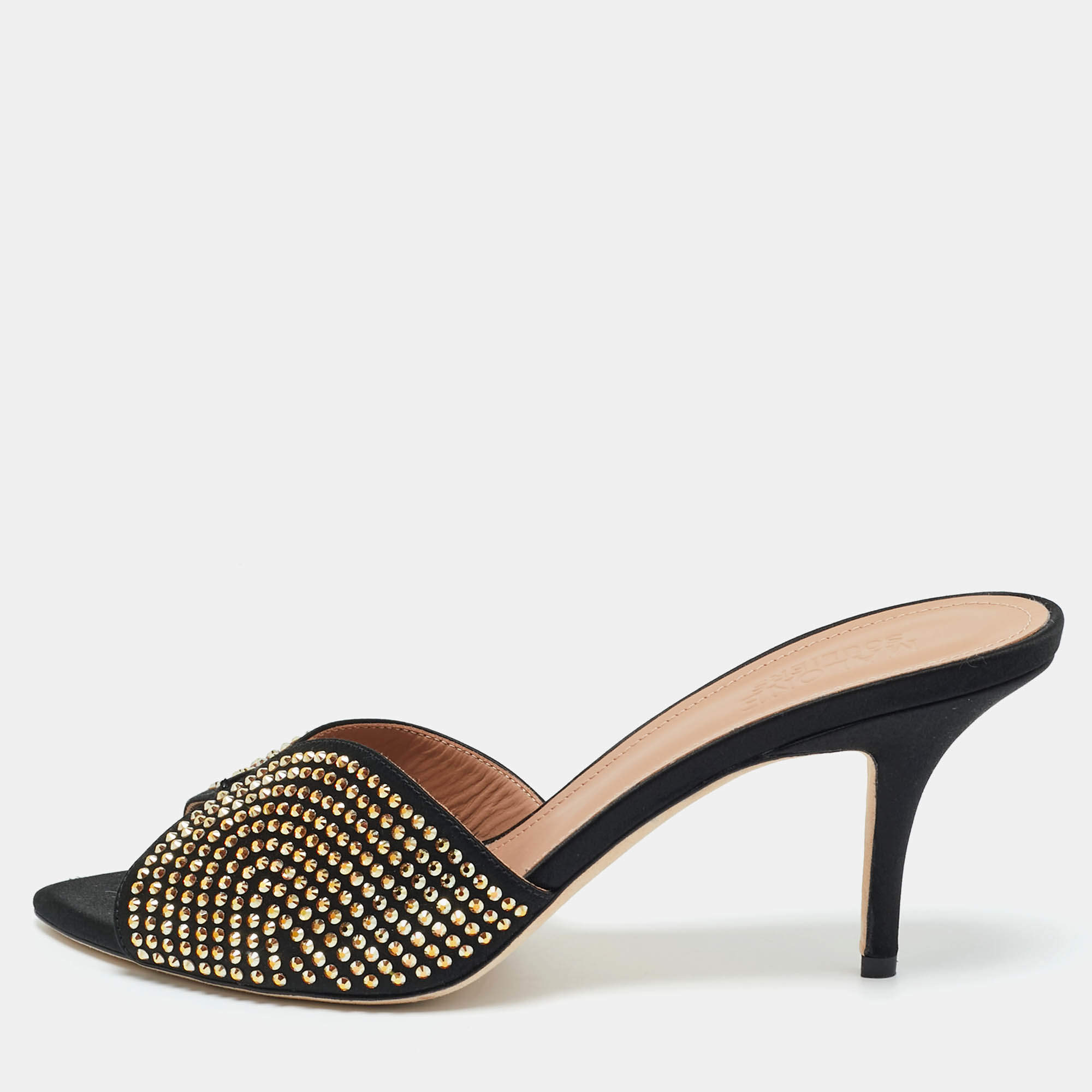 Pre Owned Malone Souliers Black Satin Crystal Embellished Grazia Sandals Size 39