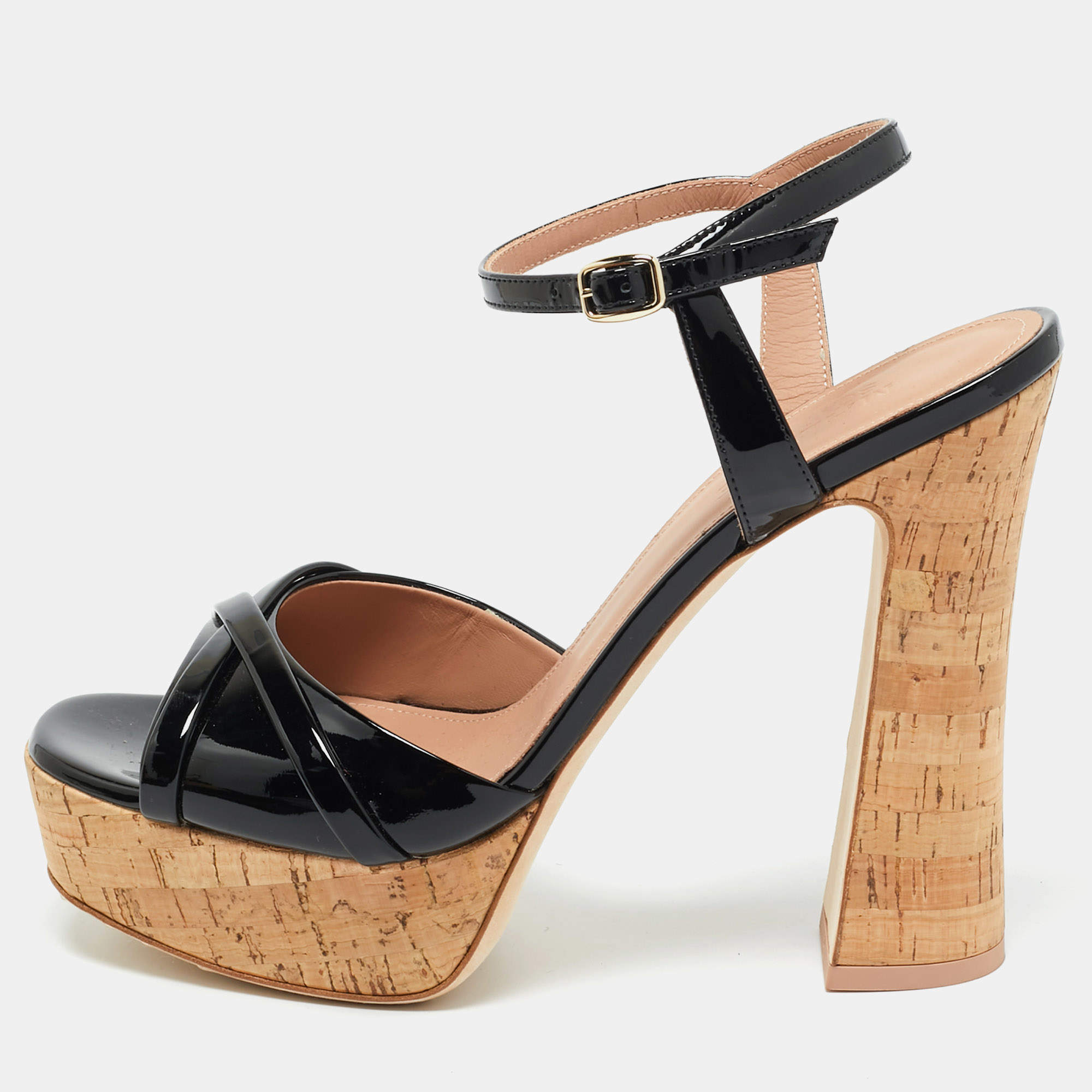 Pre Owned Malone Souliers Black Patent Leather Keaton Ankle Strap Sandals Size 39