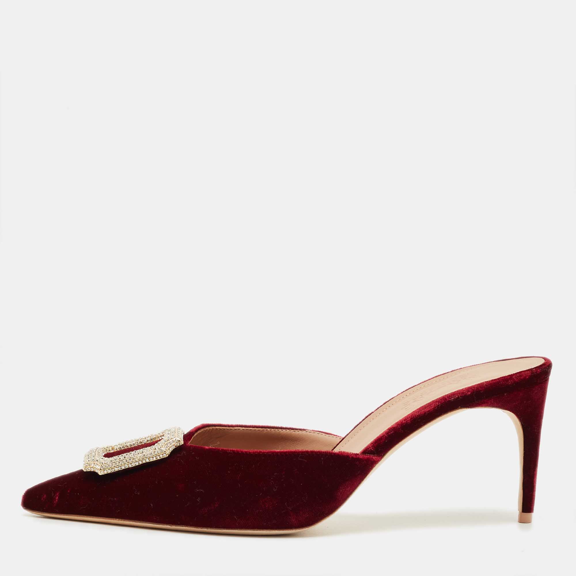 Pre Owned Malone Souliers Burgundy Velvet Mona Mules Size 39