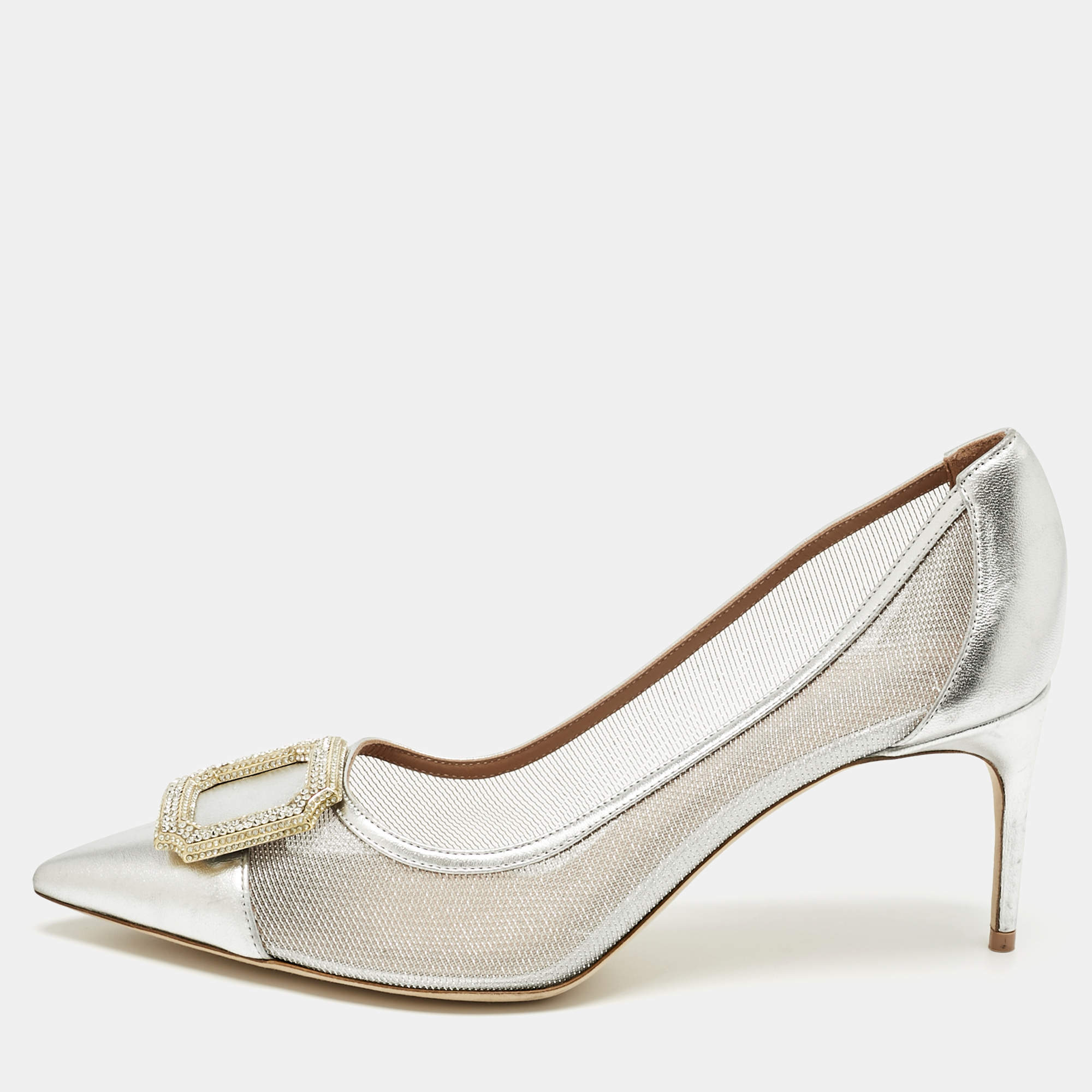 Pre Owned Malone Souliers Silver Leather and Mesh Monroe Pumps Size 40