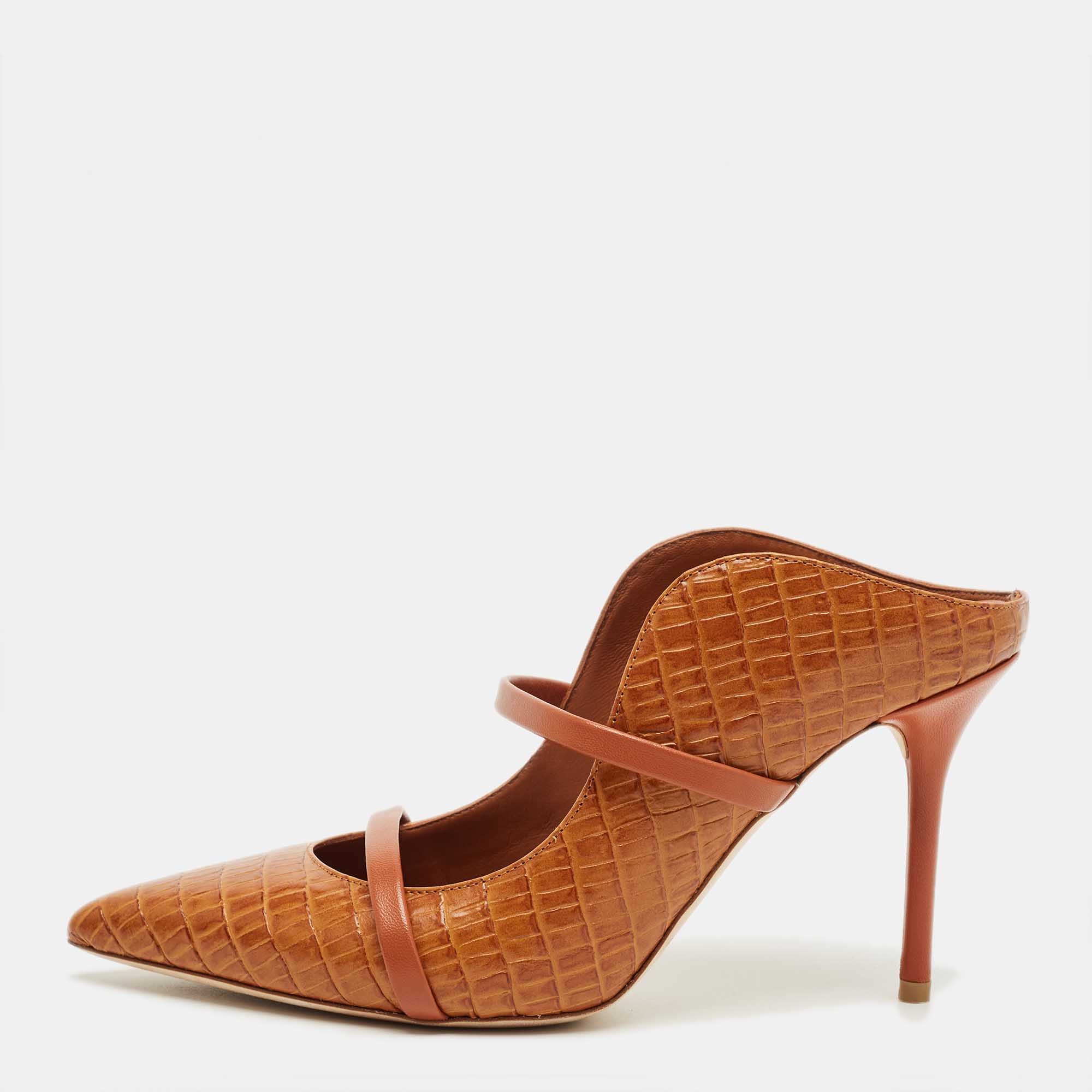 Pre Owned Malone Souliers Brown Croc Embossed Leather Maureen Mules Size 38