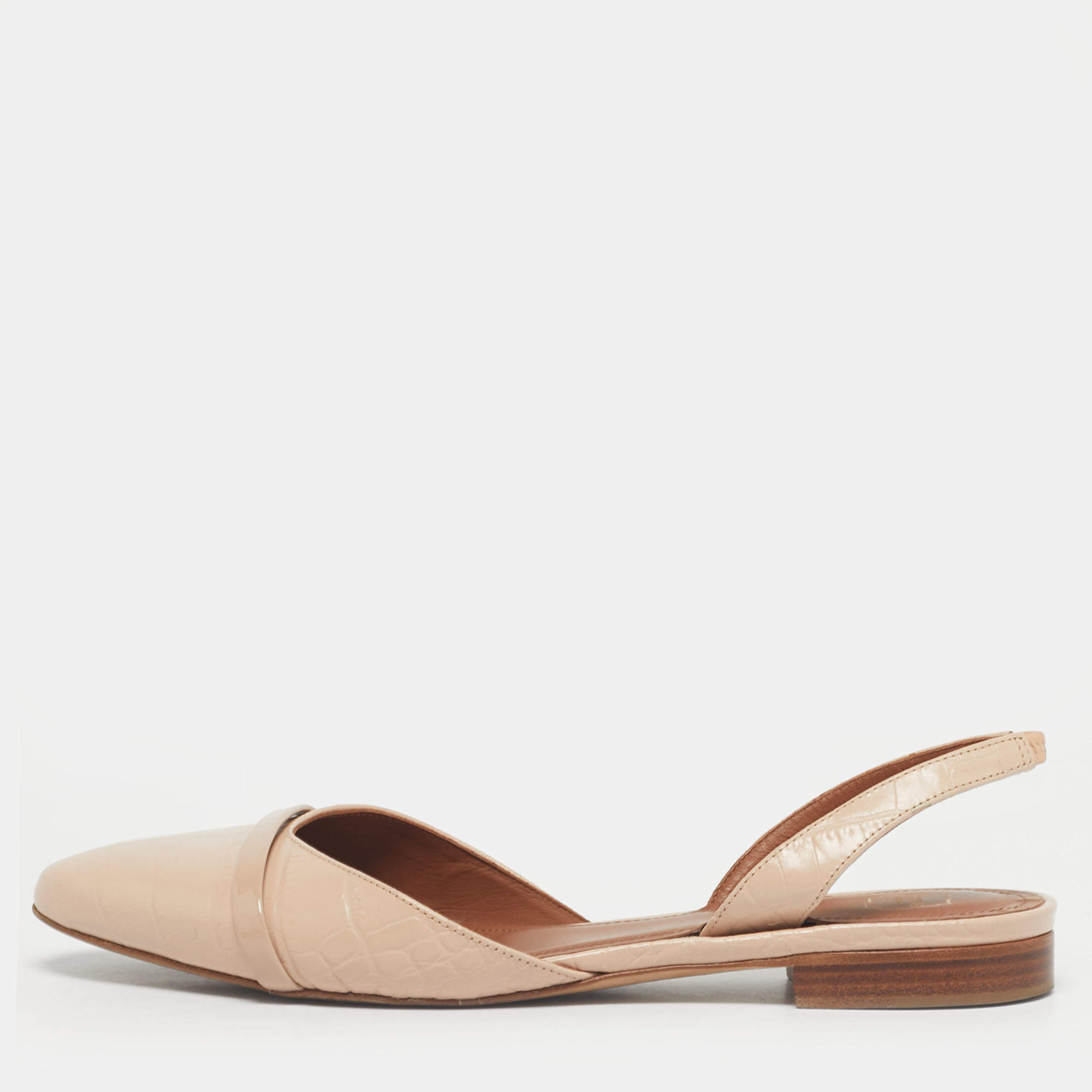 Pre Owned Malone Souliers x Roy Luwolt Beige Cro Embossed Leather Marion Luwolt Flat Slingback Sandals Size 39.5