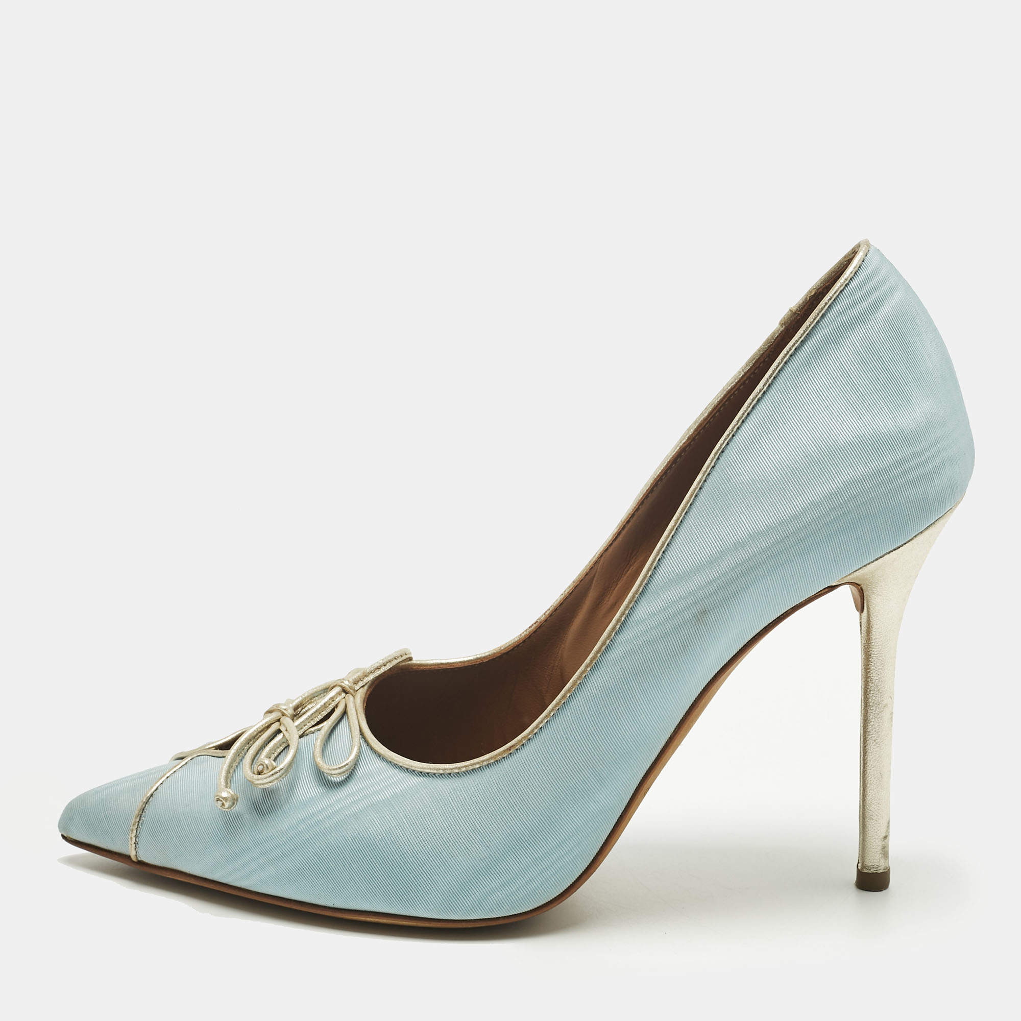 Pre Owned Malone Souliers Blue Canvas Double Bow Pointed Toe Pumps Size 38