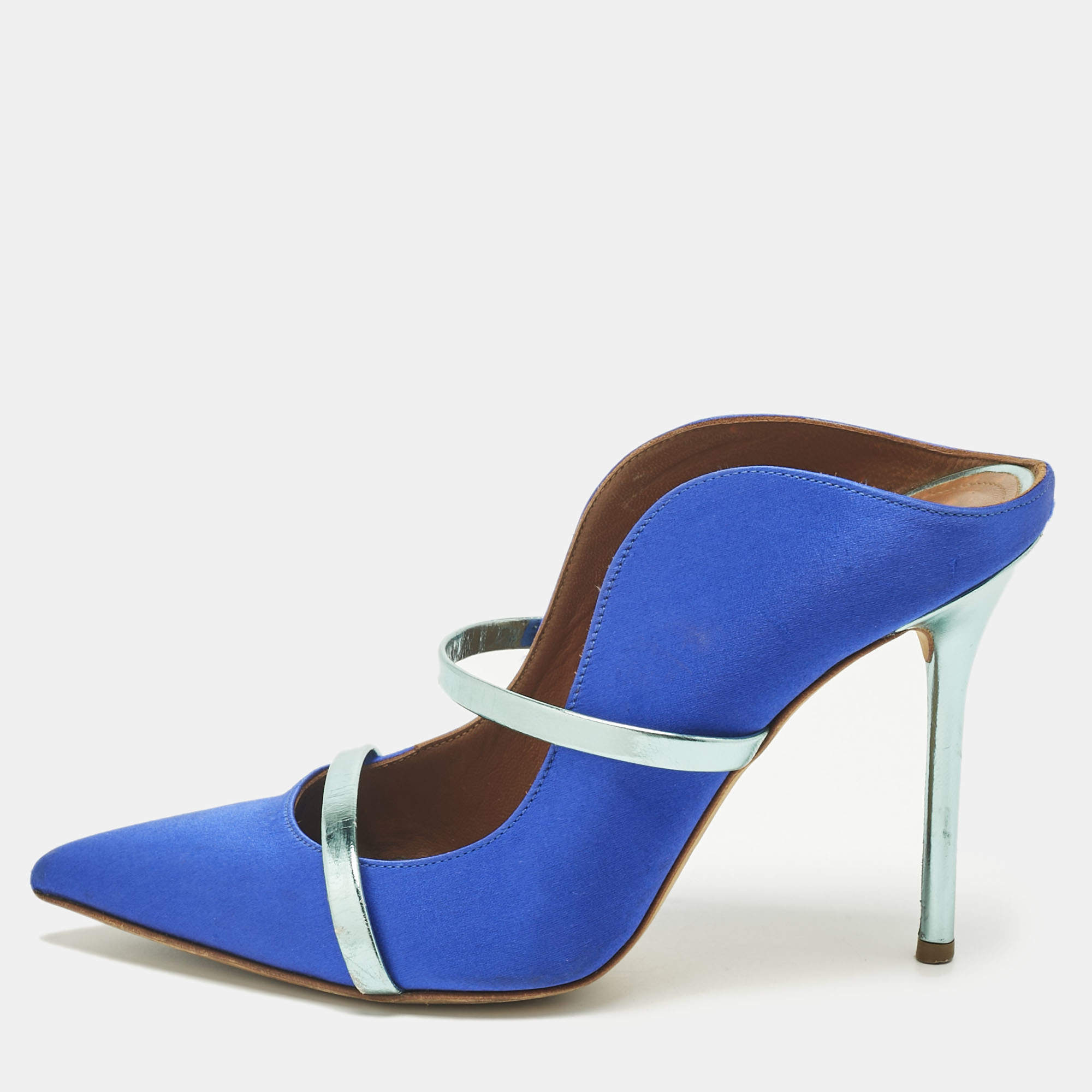 Pre Owned Malone Souliers Blue/Green Leather and Satin Maureen Mules Size 38.5