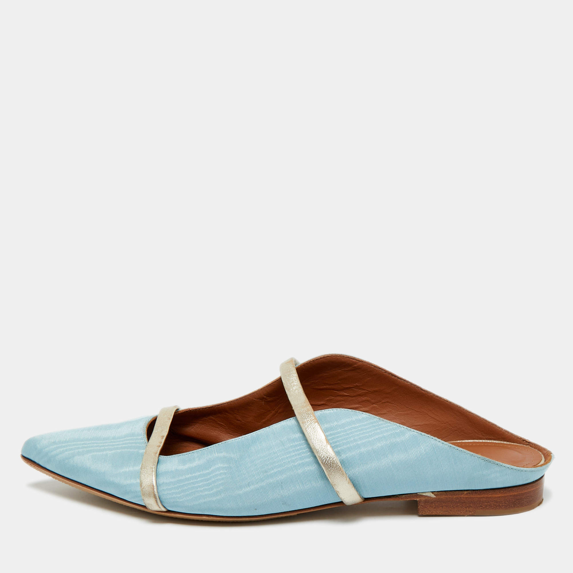 Pre Owned Malone Souliers Blue/Gold Canvas and Leather Maureen Flat Mules Size 39