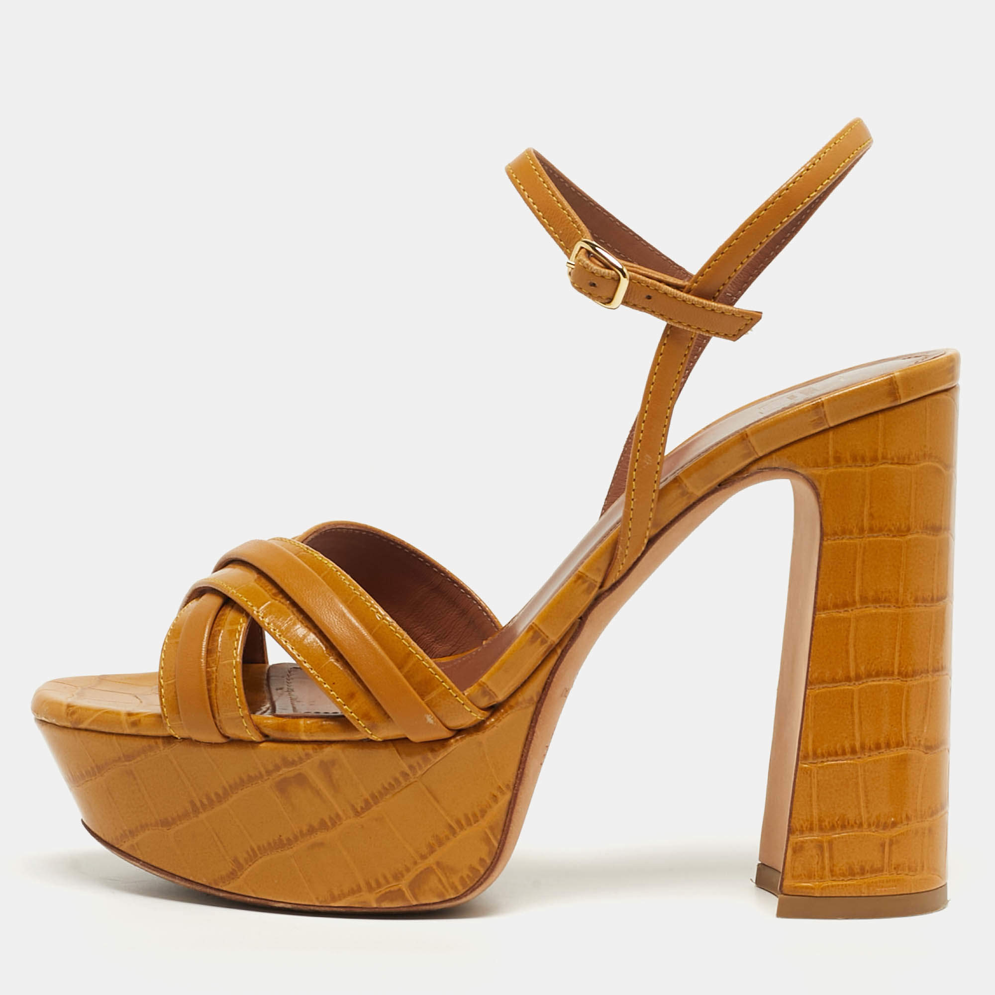 Pre Owned Malone Souliers Mila Size 38 Tan Croc Embossed Leather and Leather Platform Ankle Strap Sandals