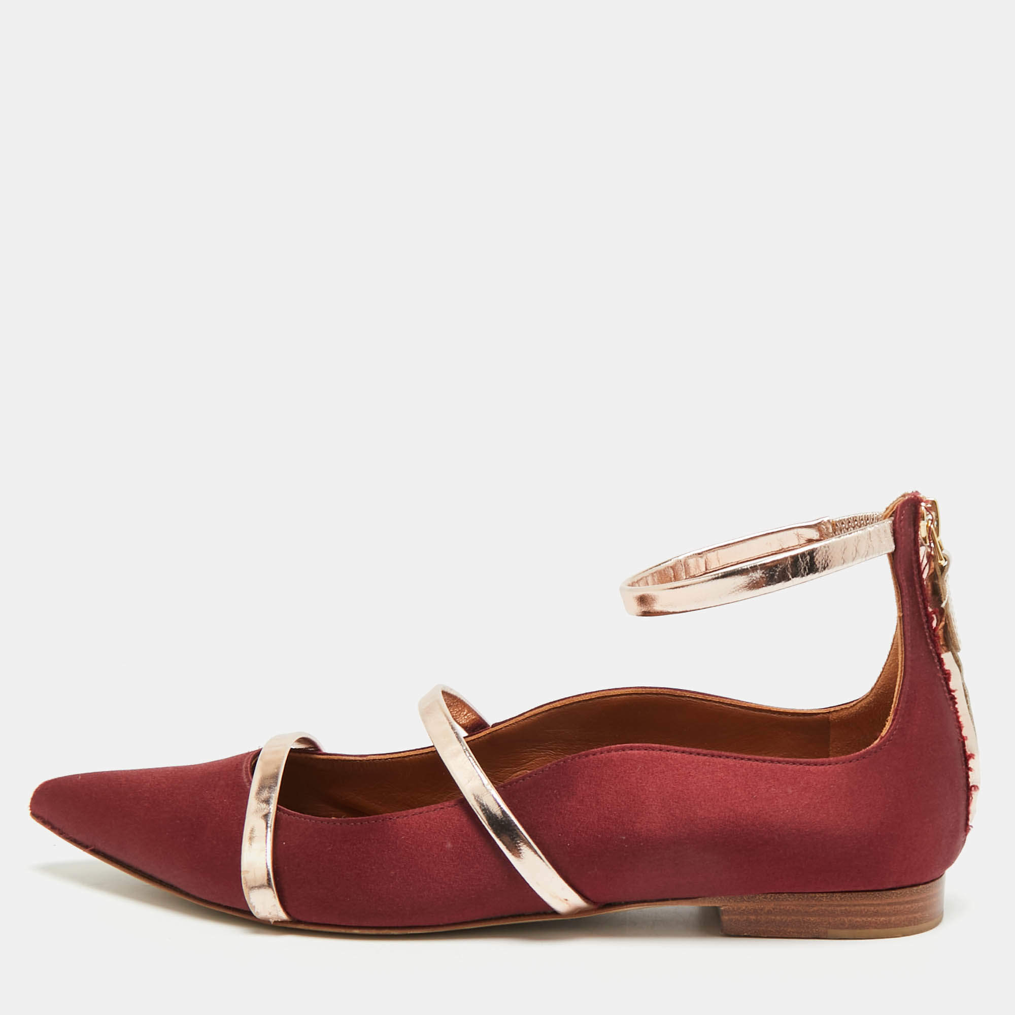 Pre Owned Malone Souliers Maureen Size 38 Burgundy Leather and Satin Ballet Flats