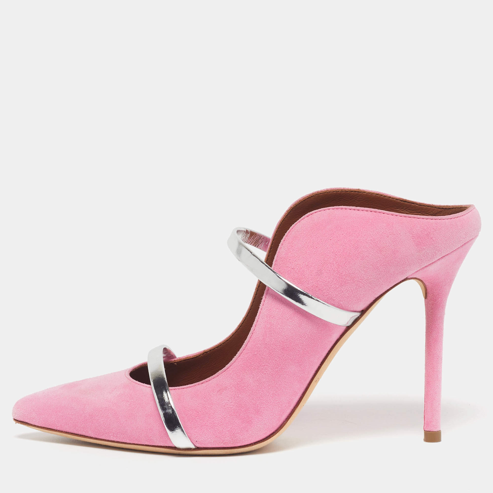 Pre Owned Malone Souliers Maureen Size 37 Pink/Silver Leather and Suede Mules