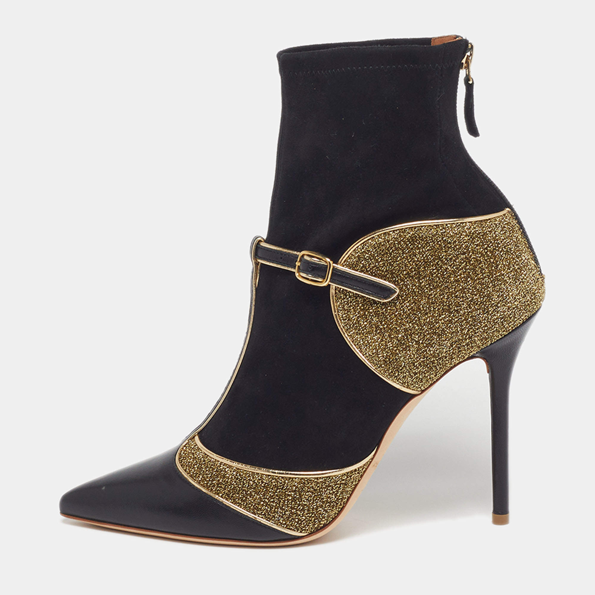 مملوكة مسبقًا Malone Souliers Sadif Size 38 Black/Gold Leather and Suede Sock  Boots