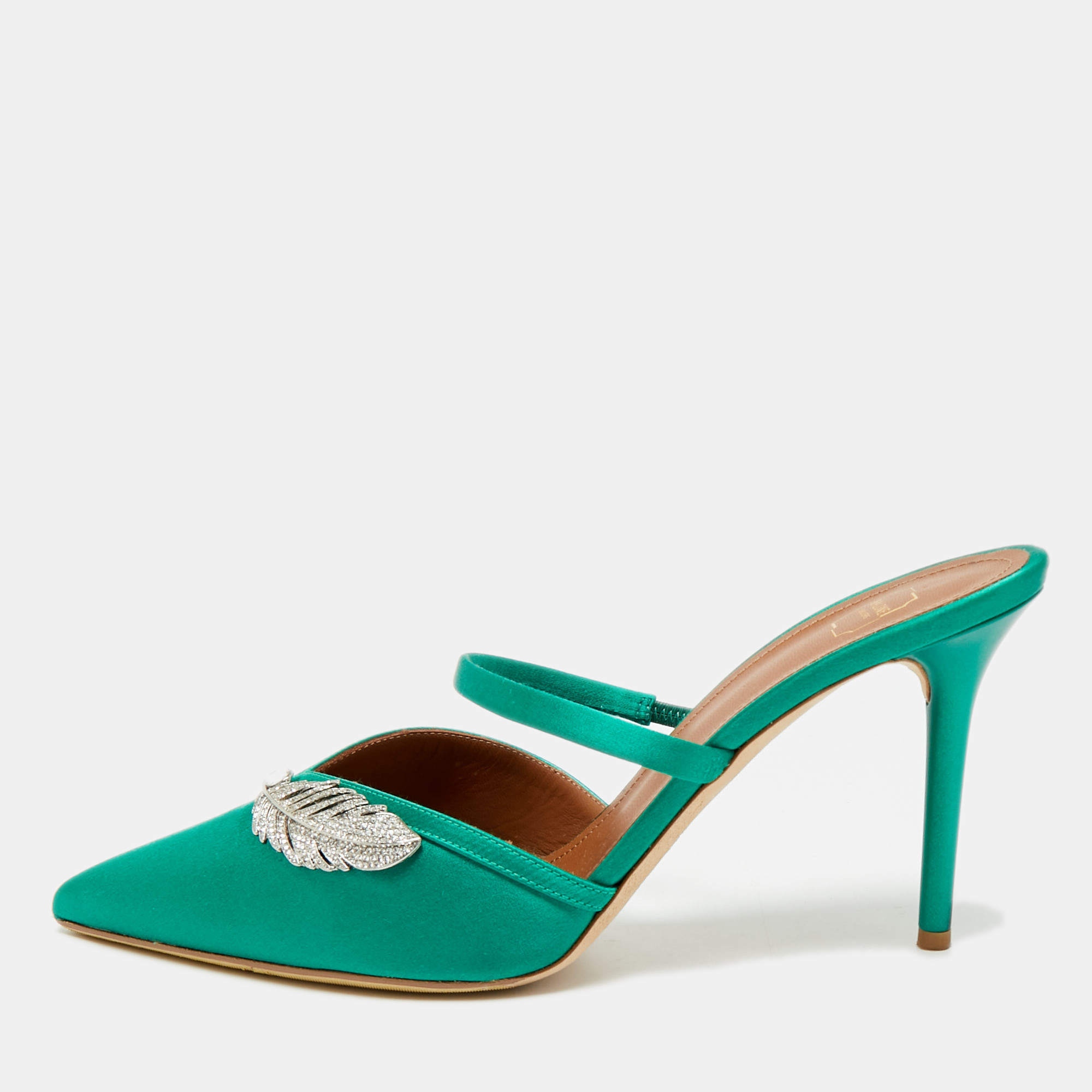 Pre Owned Malone Souliers Fara Size 41 Green Satin Crystal Embellished Mules