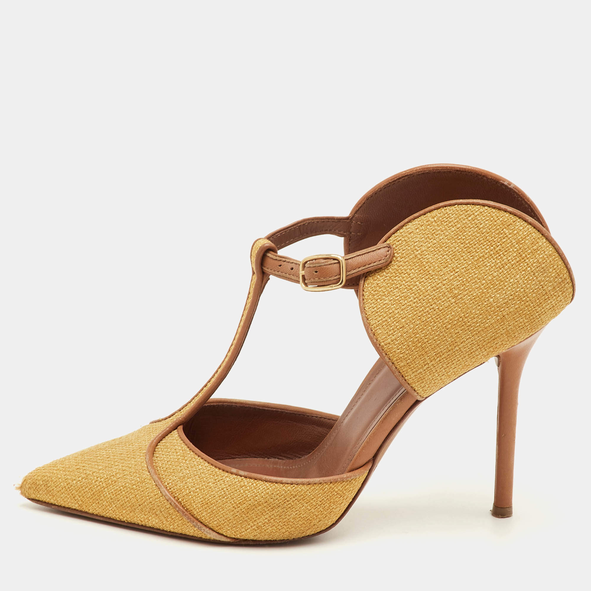 Pre Owned Malone Souliers Imogen Size 36.5 Yellow/Brown Canvas and Leather Pointed Toe Mules