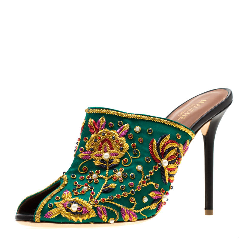 Pre Owned Malone Souliers Green Floral Embroidered Satin Peep Toe Mules Size 40