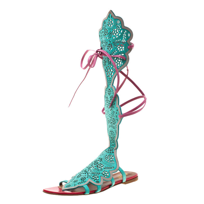 Pre Owned Malone Souliers Mint Green/Pink Laser Cut Suede and Leather Ida Gladiator Flat Sandals Size 41