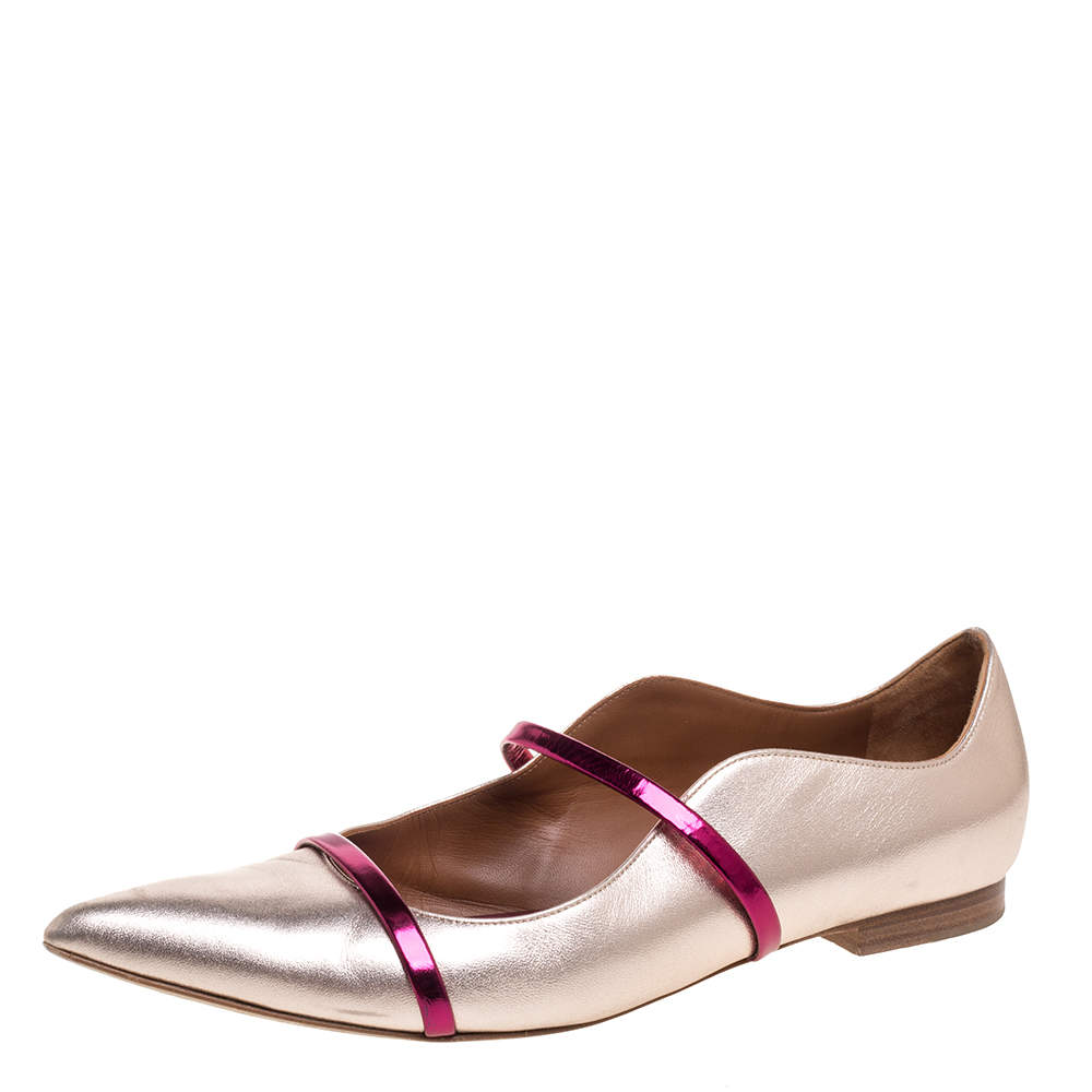 Pre Owned Malone Souliers Metallic Rose Gold Leather Maureen Pointed Toe Ballet Flats Size 41