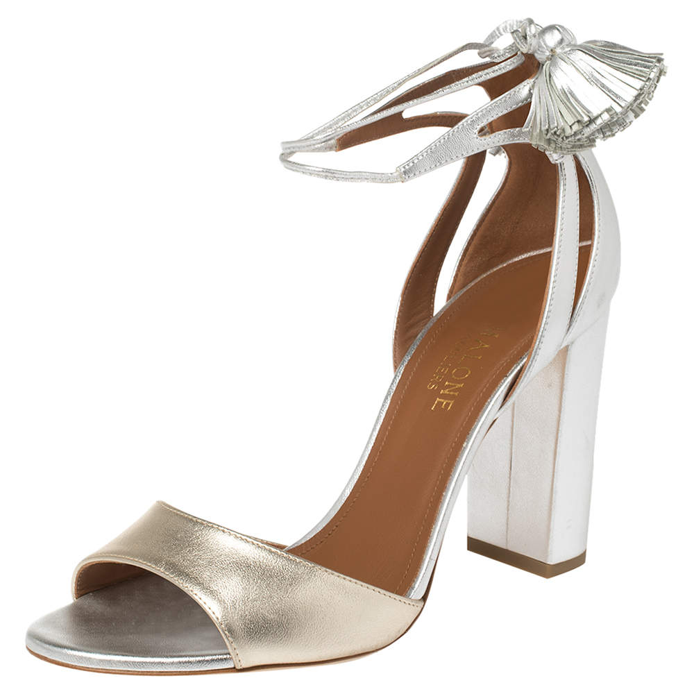 Pre Owned Malone Souliers Metallic Silver/Gold Leather Gladys Tassel Sandals Size 37.5