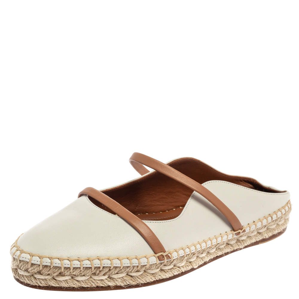 Pre Owned Malone Souliers White/Beige Leather Sienna Flat Espadrille Mules Size 39