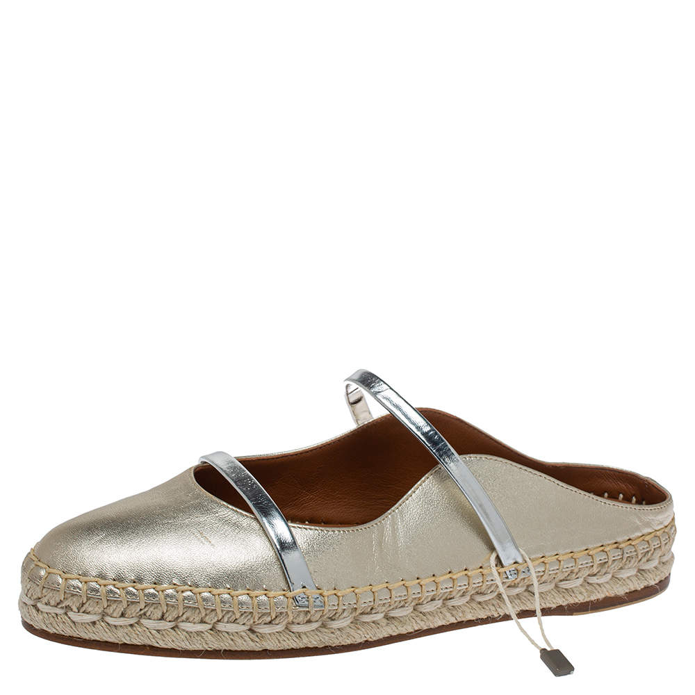 Malone Souliers Metallic Gold/Silver Leather Sienna Flat Espadrille Mules Size 36