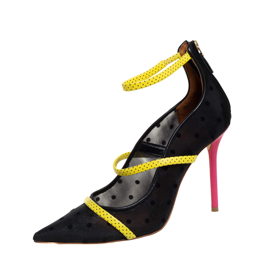 Malone Souliers Black/Yellow Polka Dot Mesh Robyn Pointed Toe Pumps Size 39