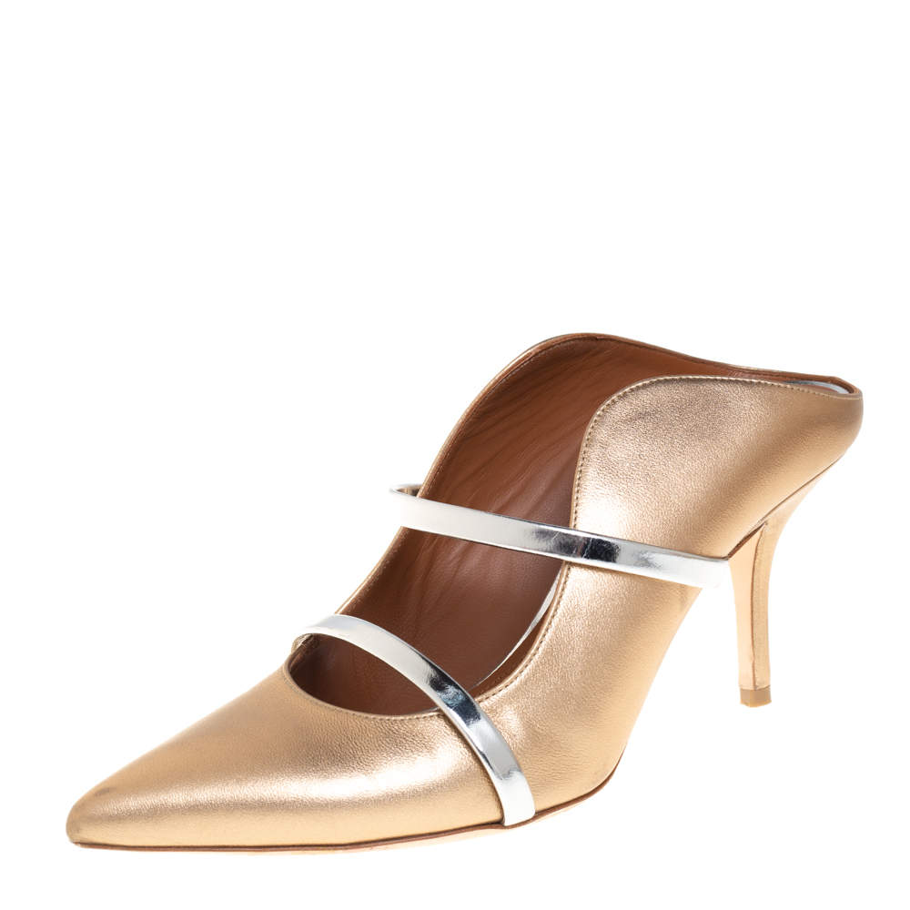 Pre Owned Malone Souliers Metallic Gold Leather Maureen Mule Pumps Size 38.5