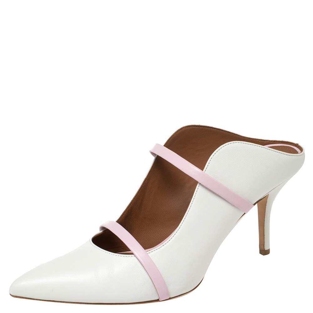 Pre Owned Malone Souliers by Roy Luwolt White/Pink Leather Maureen Pointed Toe Mules Size 40