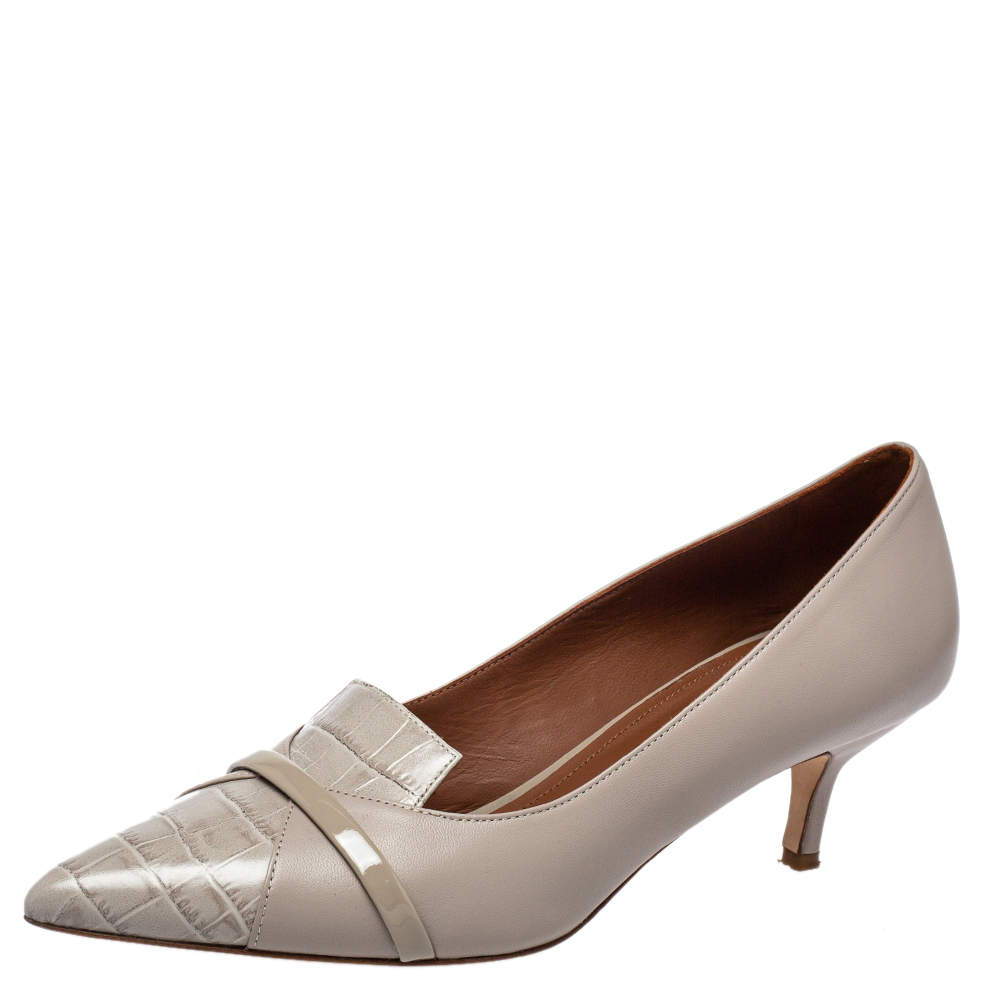 Pre Owned Malone Souliers Grey Croc Embossed Leather And Patent Leather Pumps Size 39