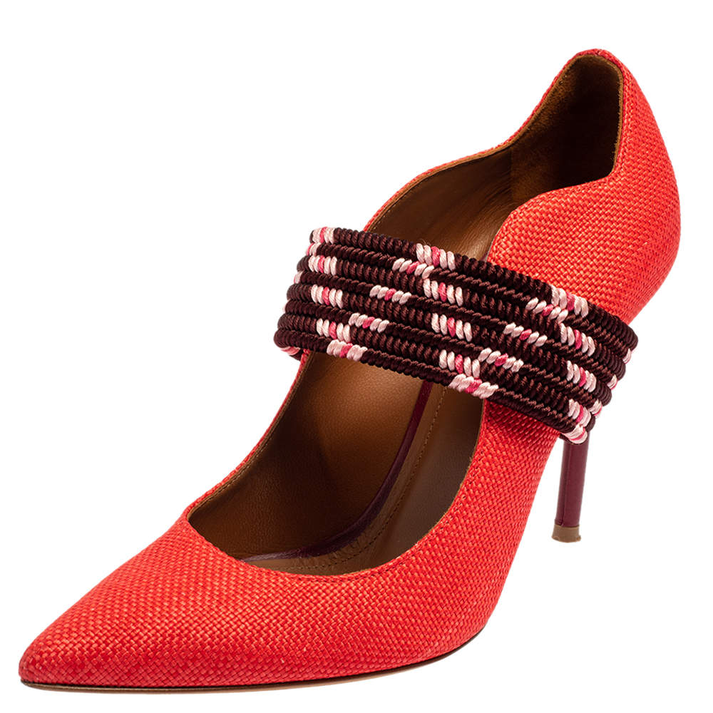 Malone Souliers Red Raffia And Fabric Mannie Pointed Toe Pumps Size 37.5