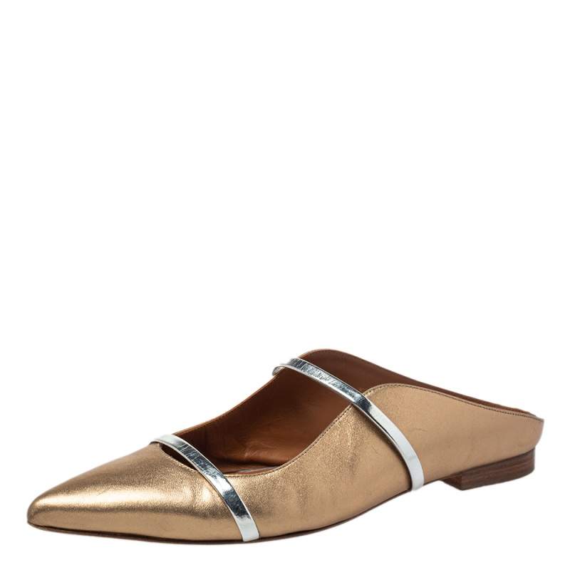 Pre Owned Malone Souliers Metalic Gold Leather Maureen Flat Mule Size 41