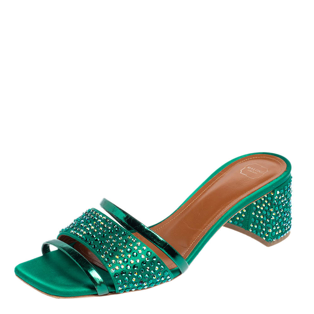 Pre Owned Malone Souliers Green Satin And Foil Leather Rosa Crystal Embellished Mules Size 39.5