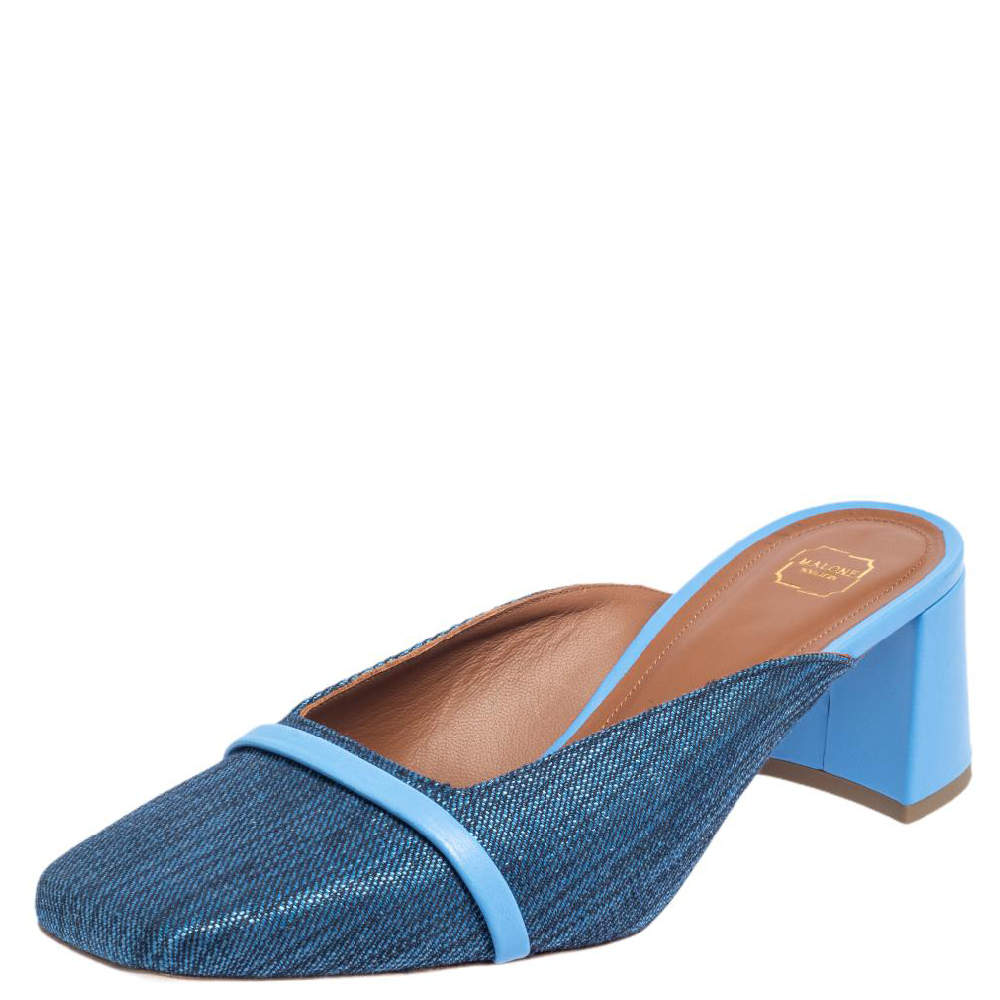 Pre Owned Malone Souliers Blue Raffia Carmen Crystal Embellished Mules Size 40