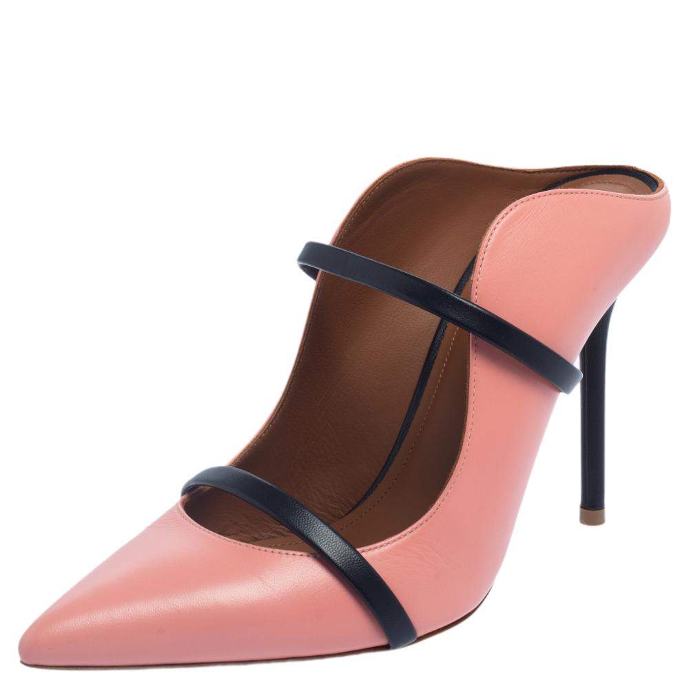Pre Owned Malone Souliers Pink/Blue Leather Maureen Pointed Toe Mules Size 37.5