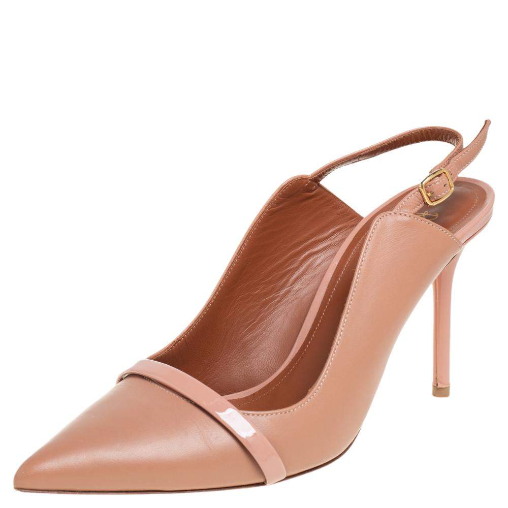 Pre Owned Malone Souliers Beige Leather Marion Pointed Toe Slingback Pumps Size 38.5