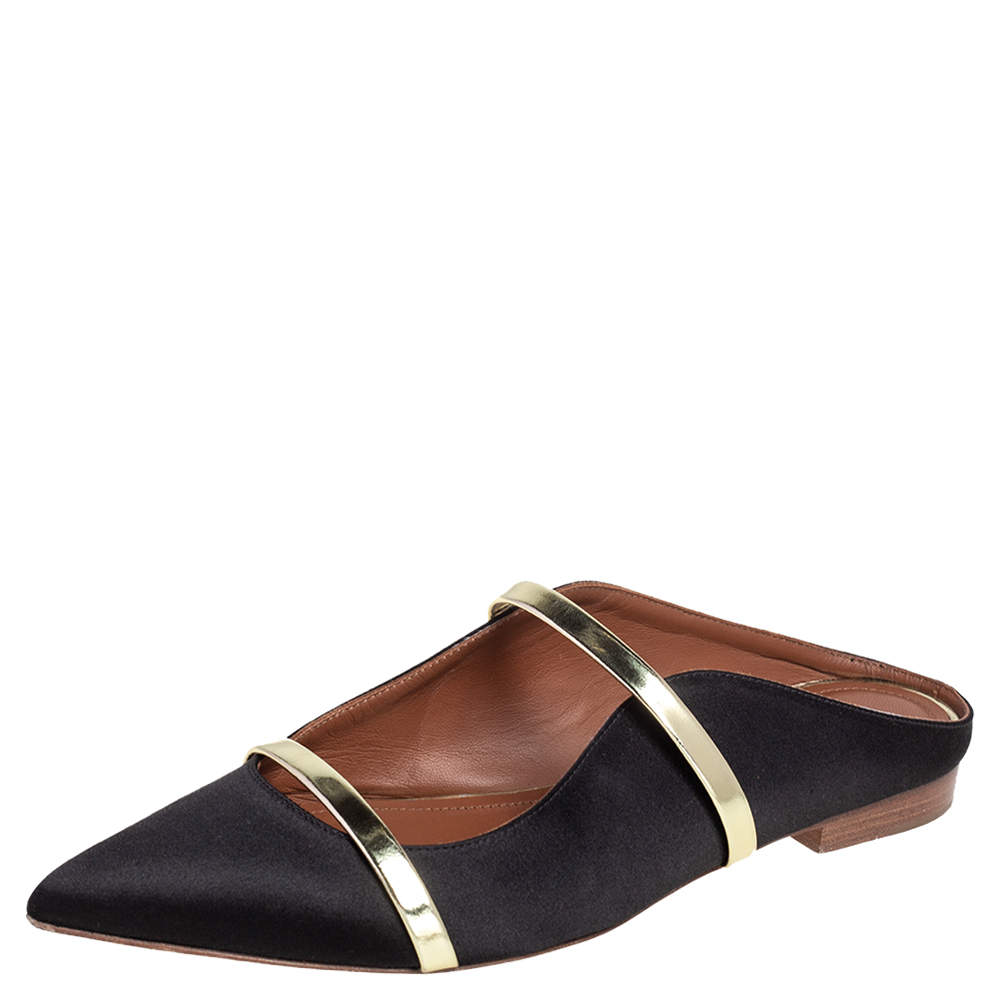 Pre Owned Malone Souliers Black Satin Maureen Flat Mules Size 37