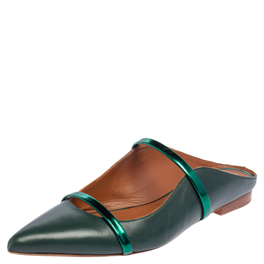 Pre Owned Malone Souliers Green Leather Maureen Flats Size 38