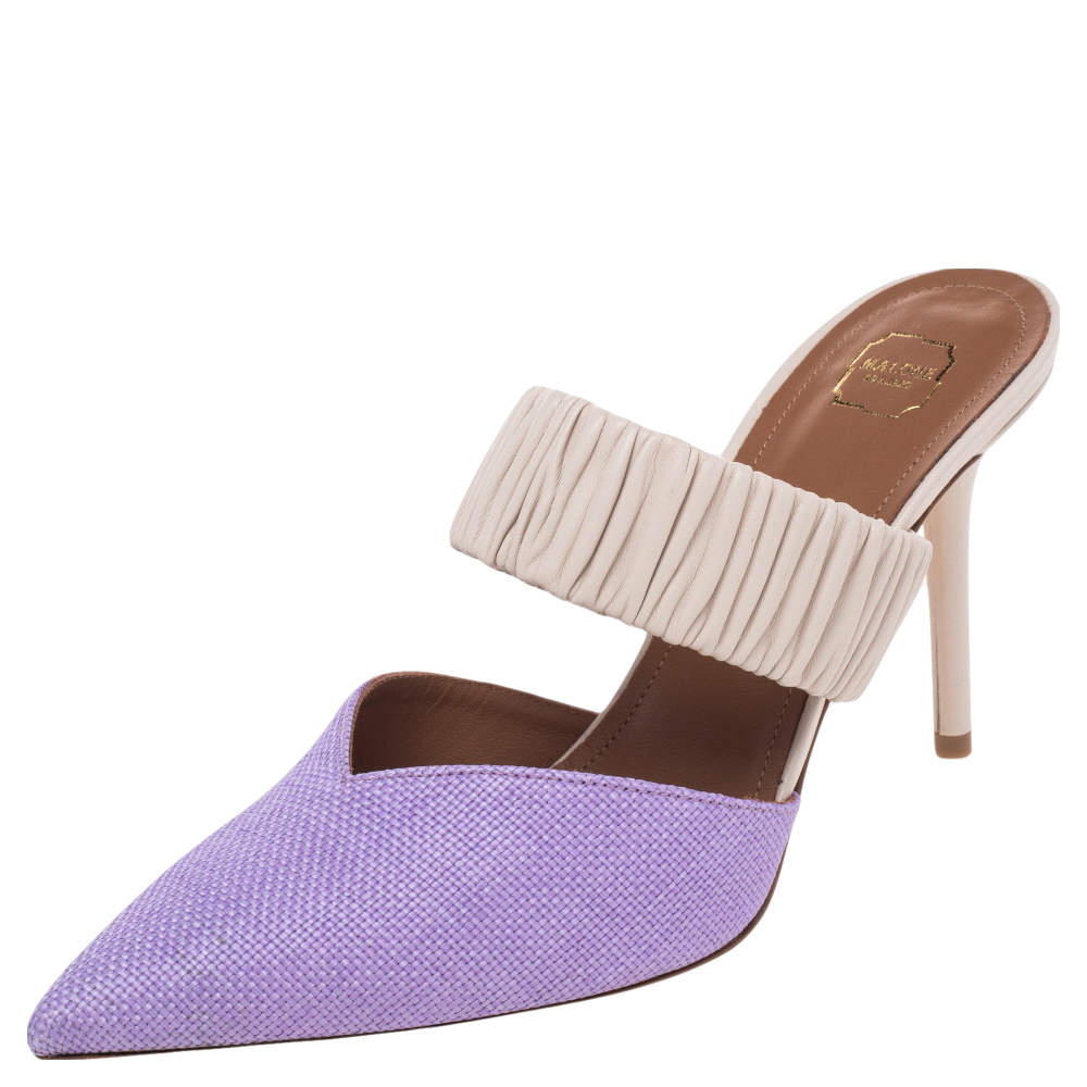 Pre Owned Malone Souliers Purple/Cream Raffia And Leather Mathilda Mules Size 37