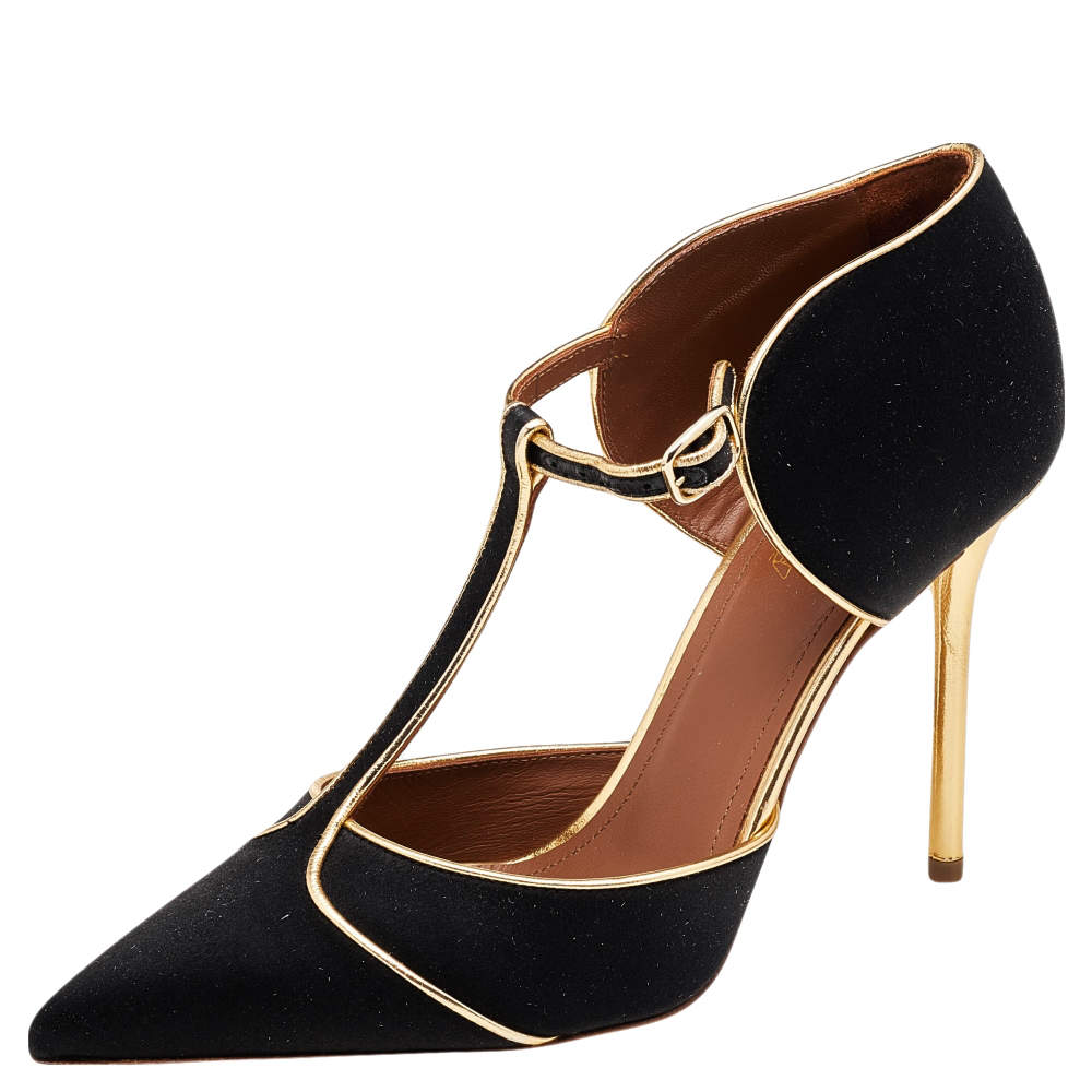Malone Souliers by Roy Luwolt Black/Gold Satin and Leather Sadie Pumps ...