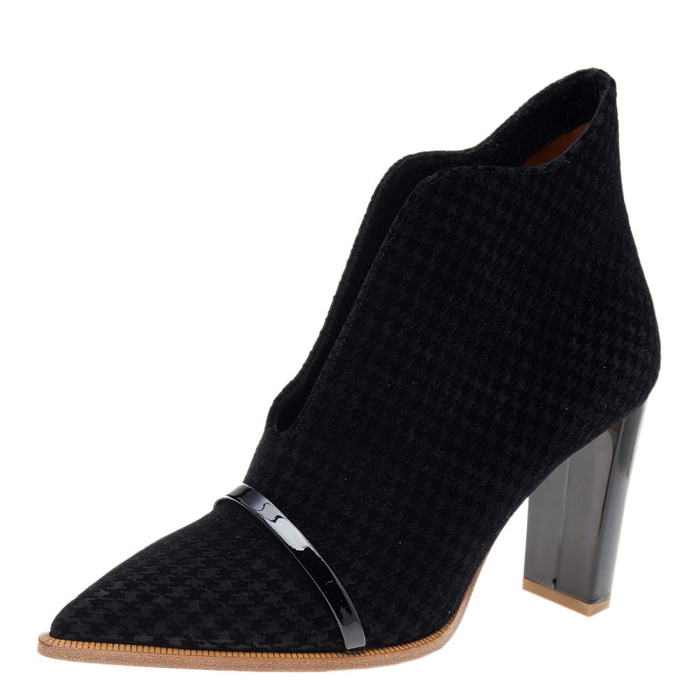 Pre Owned Malone Souliers Black Houndstooth Print Velvet Clara Ankle Boots Size 38