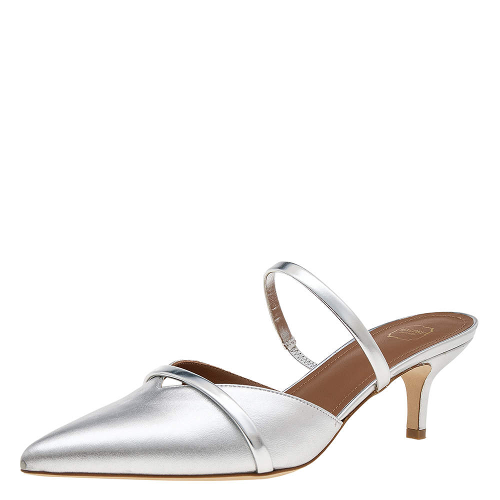 مملوكة مسبقًا Malone Souliers Metallic Silver Leather Frankie Mules Size 39
