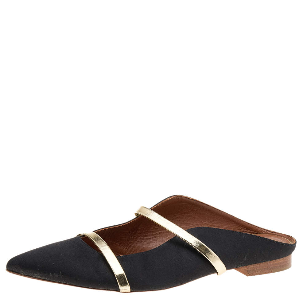 Malone Souliers Black/Gold Satin And Leather Maureen Flat Sandals Size 39.5
